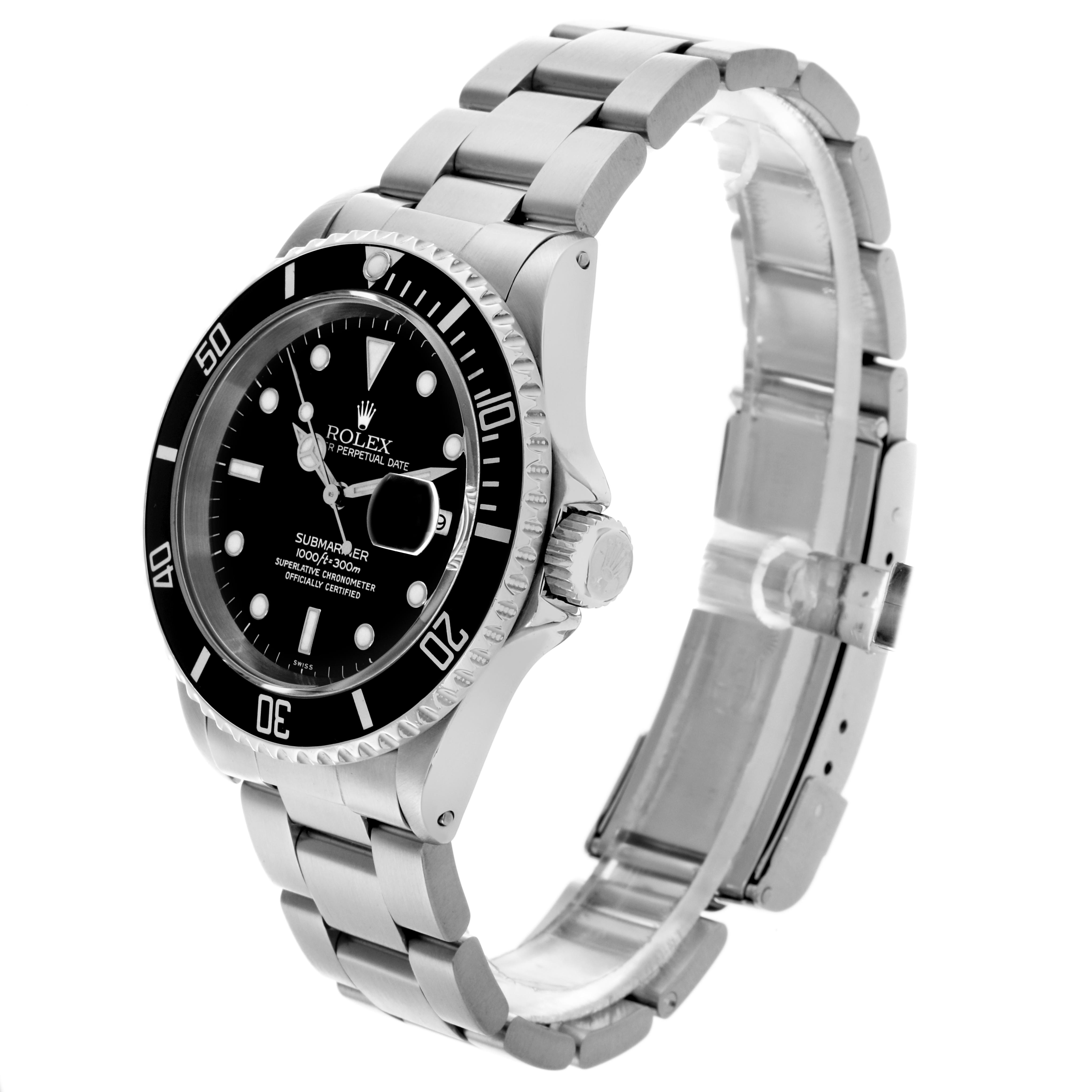 The Rolex Submariner 16610 Men's Stainless Steel Black Dial 16610 Men's Stainless Steel Black Dial watch is shown at a three-quarter angle, highlighting the dial, bezel, crown, and bracelet.