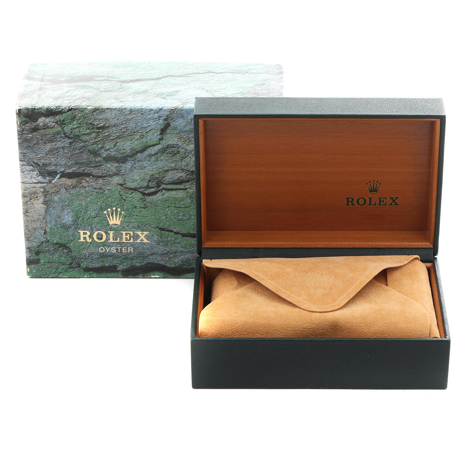 The image shows a Rolex Submariner 16610 Men's Stainless Steel Black Dial 16610 Men's Stainless Steel Black Dial watch box set at an angle, with the outer box and open inner box with a leather pouch.