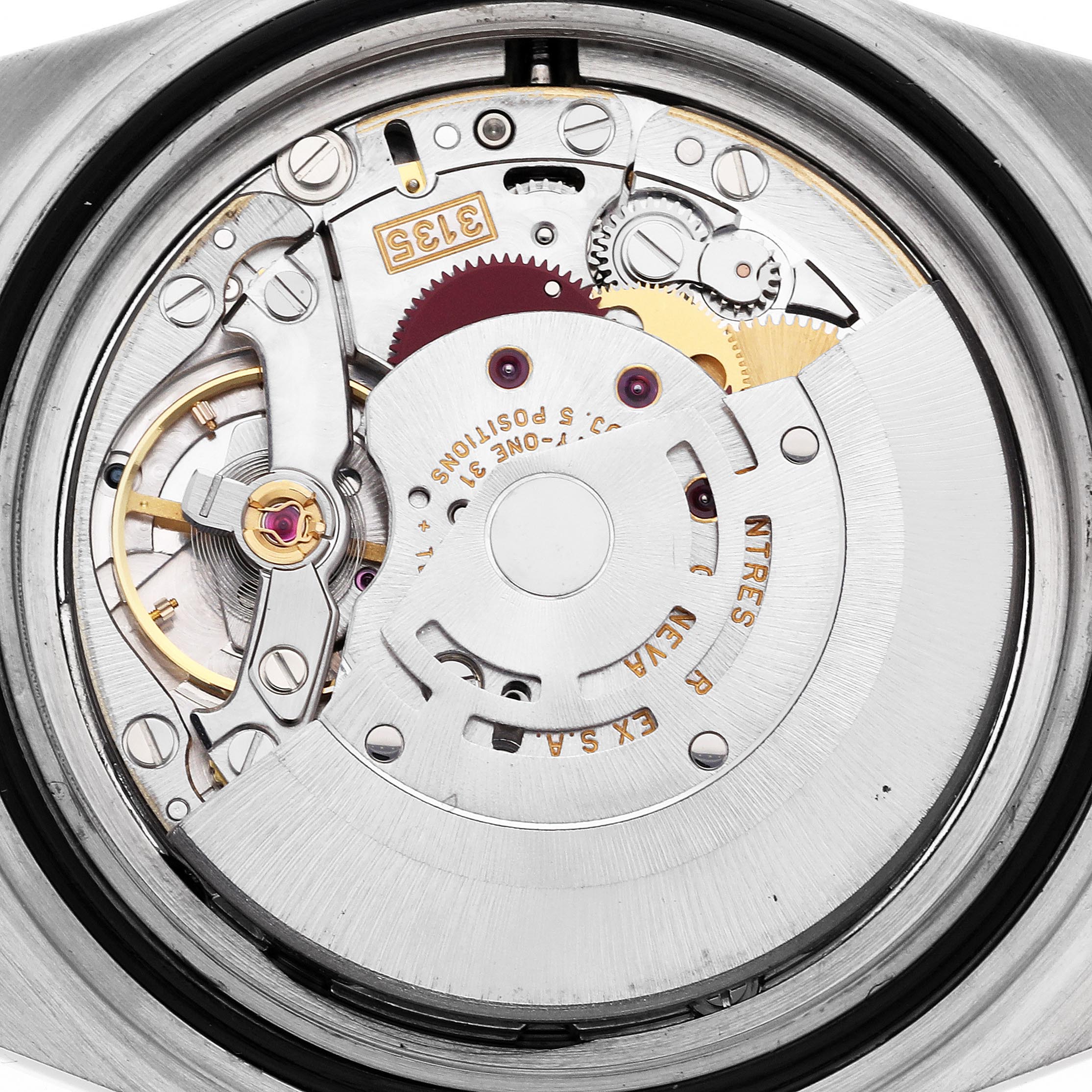 The image shows the internal movement of a Rolex Submariner 16610 Men's Stainless Steel Black Dial 16610 Men's Stainless Steel Black Dial, highlighting gears and mechanisms from above.