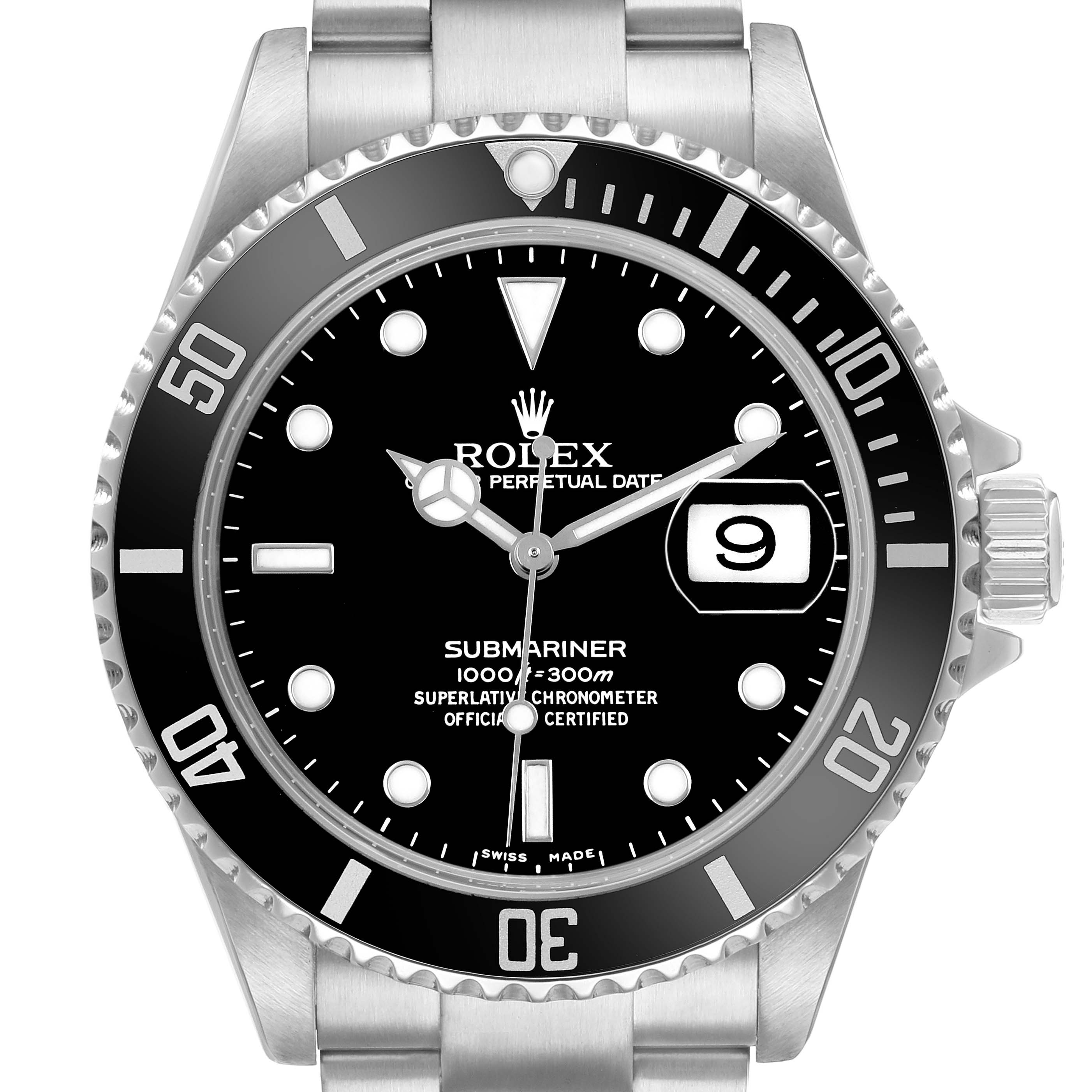 The Rolex Submariner 16610 Men's Stainless Steel Black Dial watch is shown from a front angle, displaying the dial, bezel, and part of the bracelet.