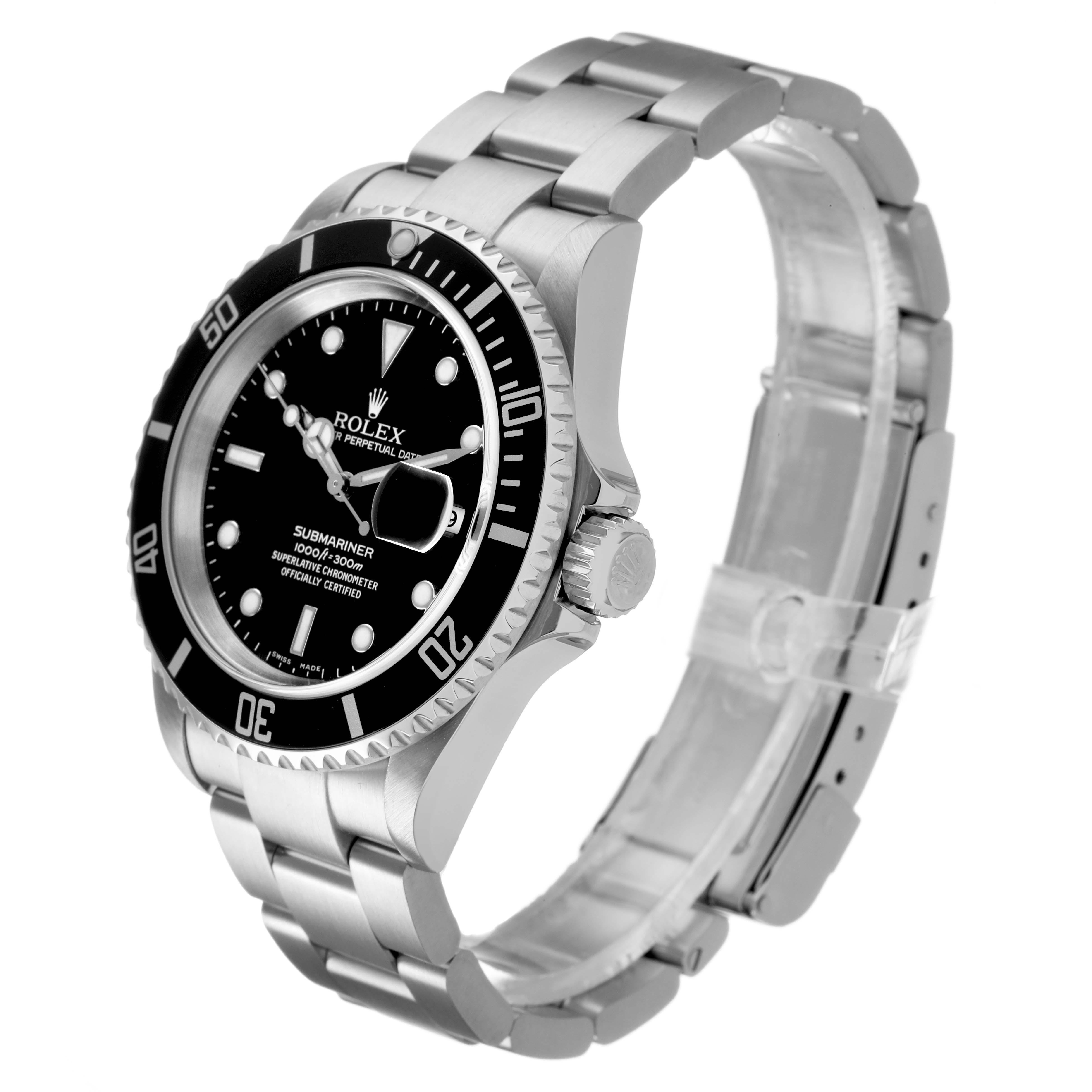 The Rolex Submariner 16610 Men's Stainless Steel Black Dial watch is shown at a three-quarter angle highlighting its dial, bezel, crown, and bracelet.