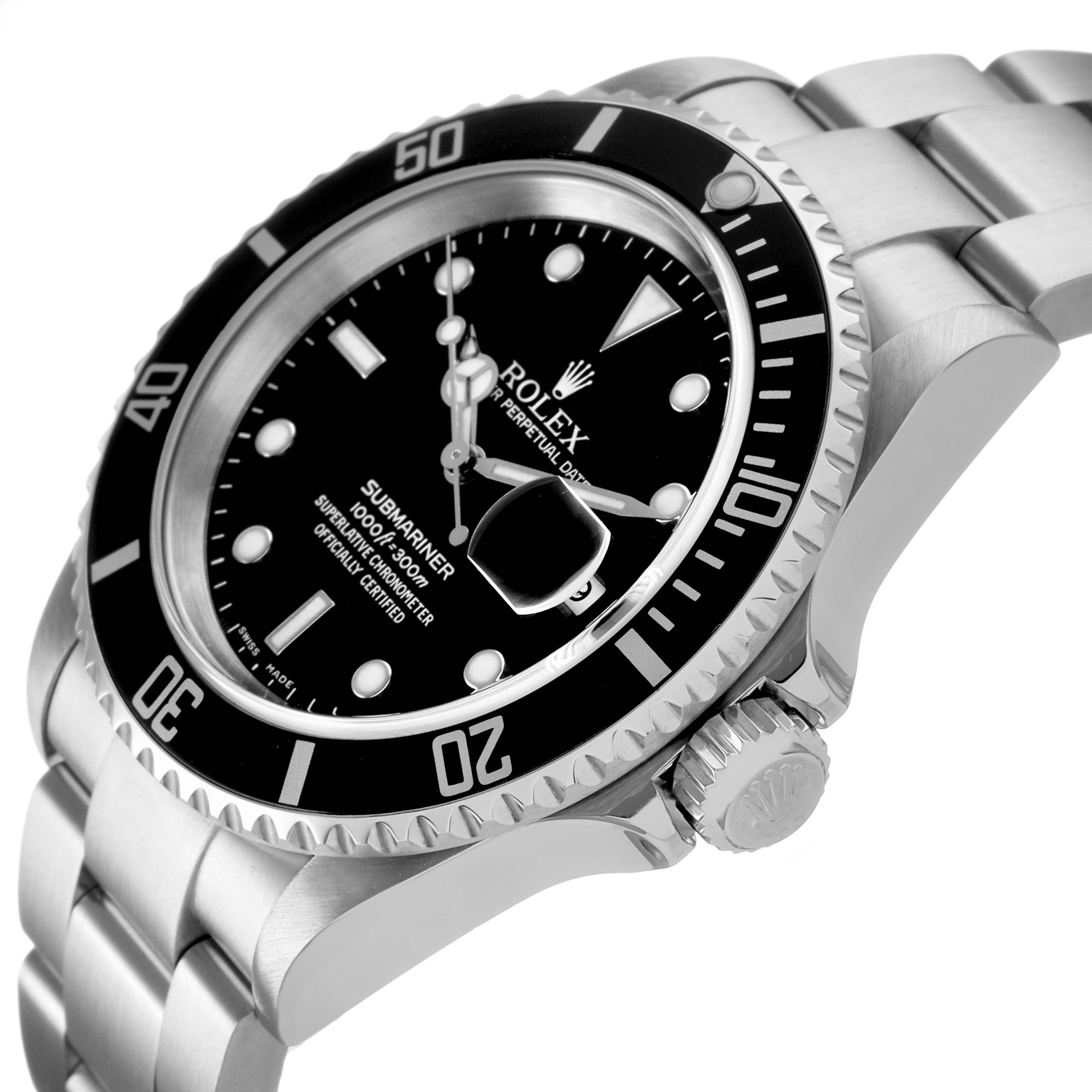 The Rolex Submariner 16610 Men's Stainless Steel Black Dial watch is shown at an angle highlighting the bezel, dial, crown, and part of the bracelet.