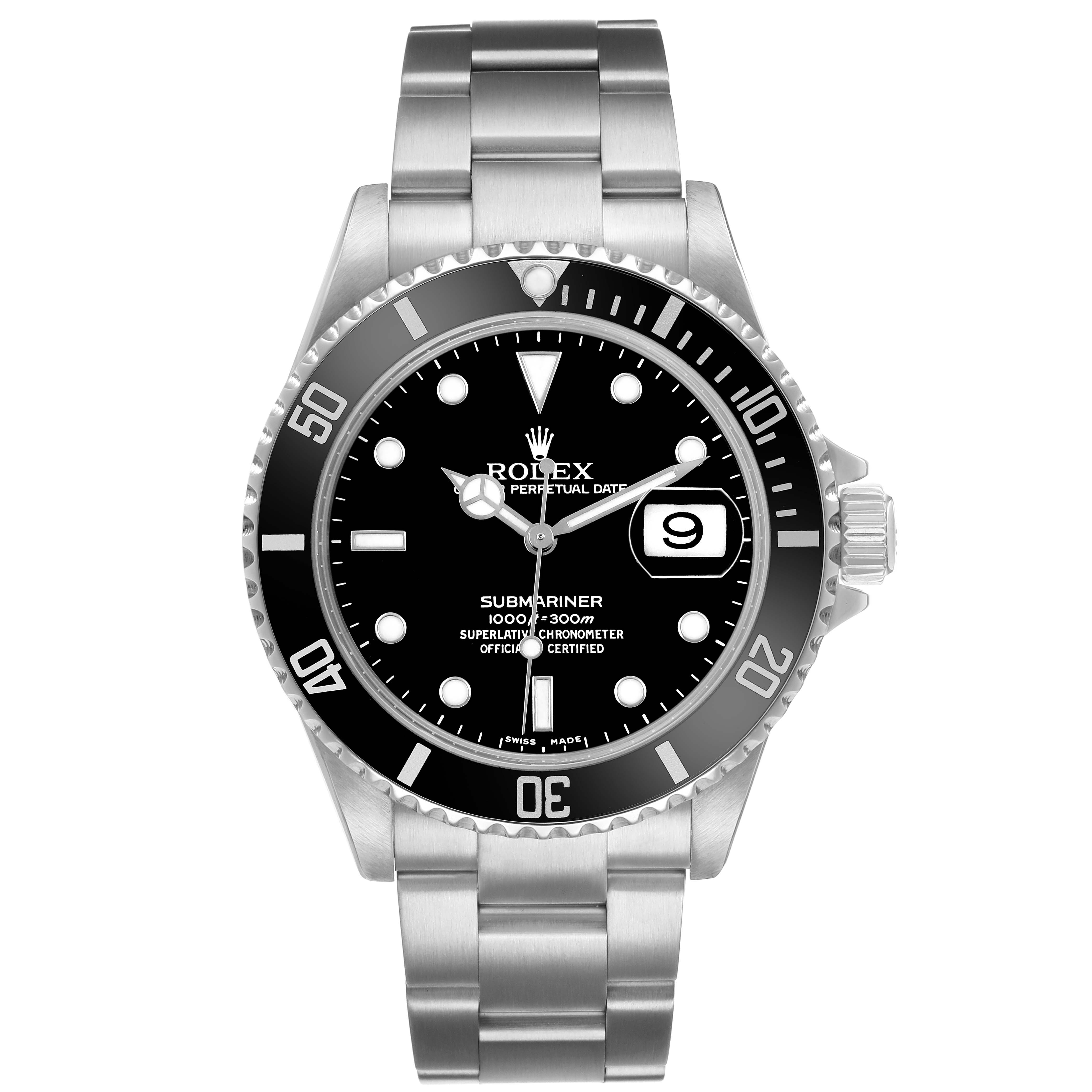The Rolex Submariner 16610 Men's Stainless Steel Black Dial watch is shown from a front angle, displaying its black dial, bezel, and stainless steel bracelet.