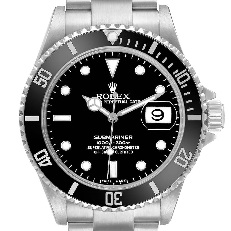 The Rolex Submariner 16610 Men's Stainless Steel Black Dial watch is shown from a top-down angle highlighting the dial, bezel, and crown.