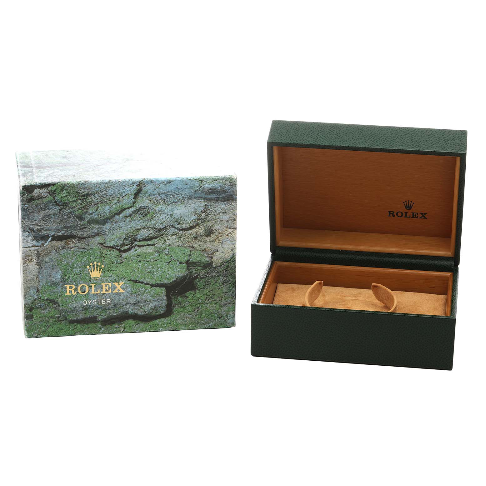 The image shows the open box and packaging of a Rolex Submariner 16610 Men's Stainless Steel Black Dial, featuring the exterior box and interior lined box.