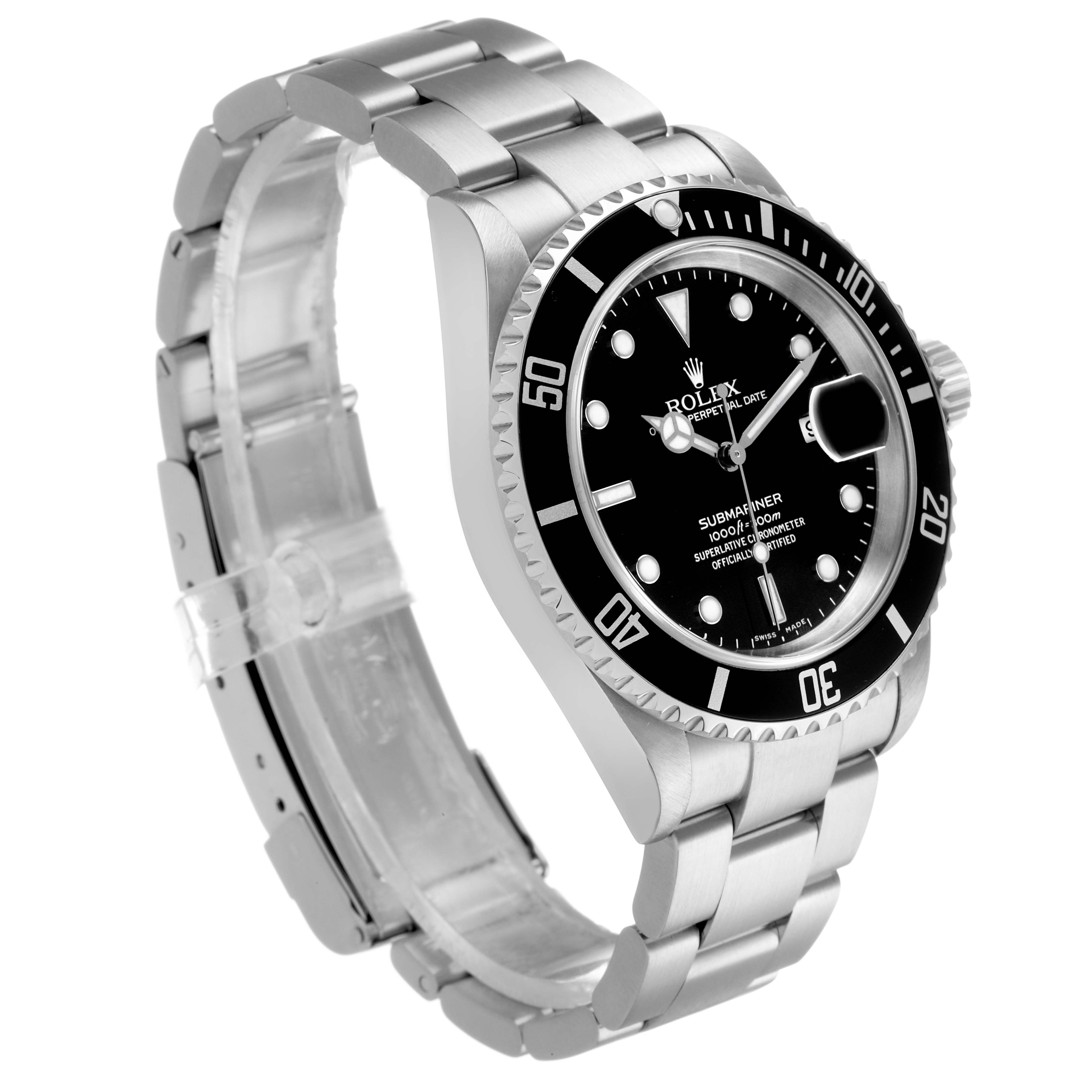 The Rolex Submariner 16610 Men's Stainless Steel Black Dial is shown from an angled side view, highlighting the face, bezel, bracelet, and crown.