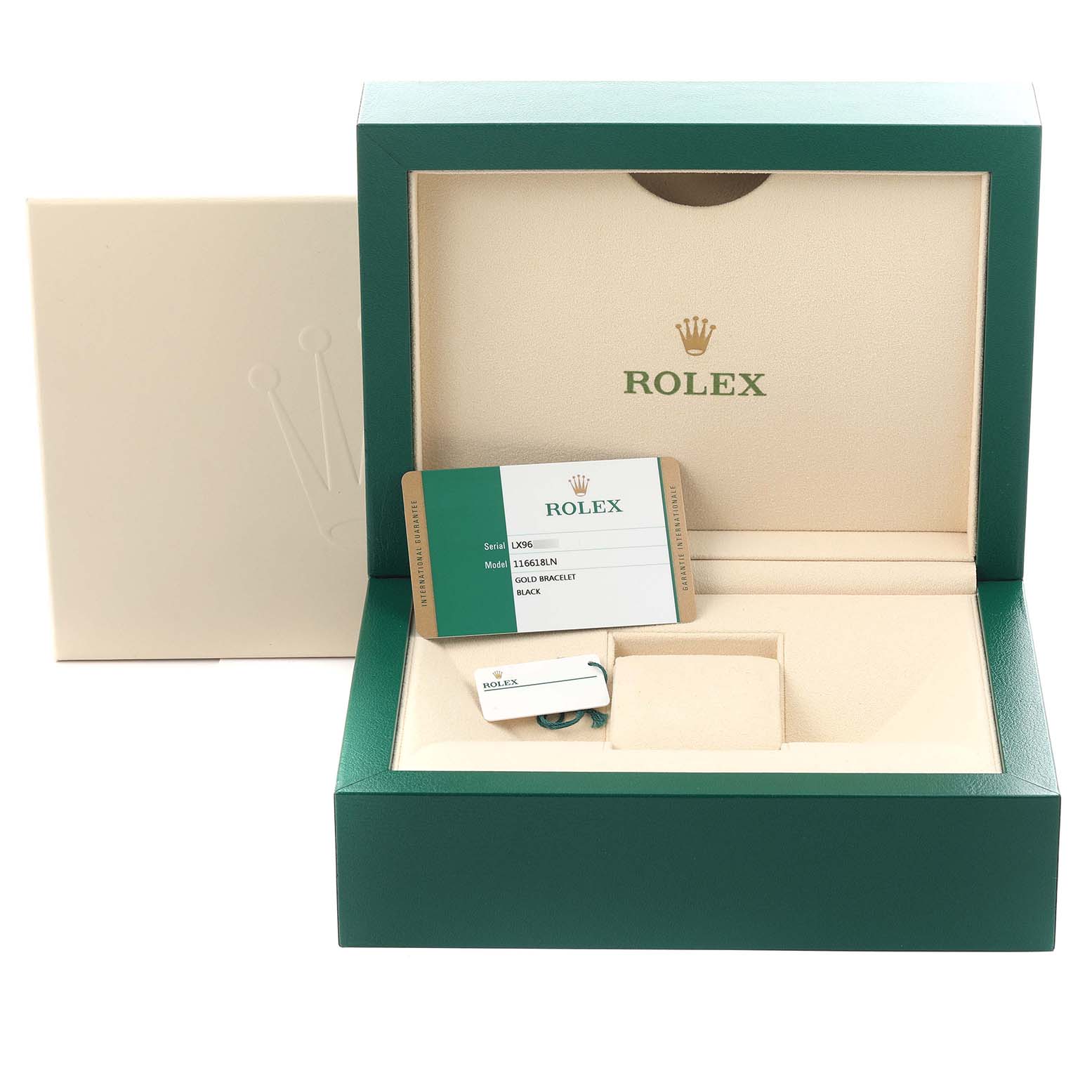 The image shows the packaging and accessories for a Rolex Submariner 116618 Men's Yellow Gold Black Dial 116618 Men's Yellow Gold Black Dial, including the box, warranty card, and tags.