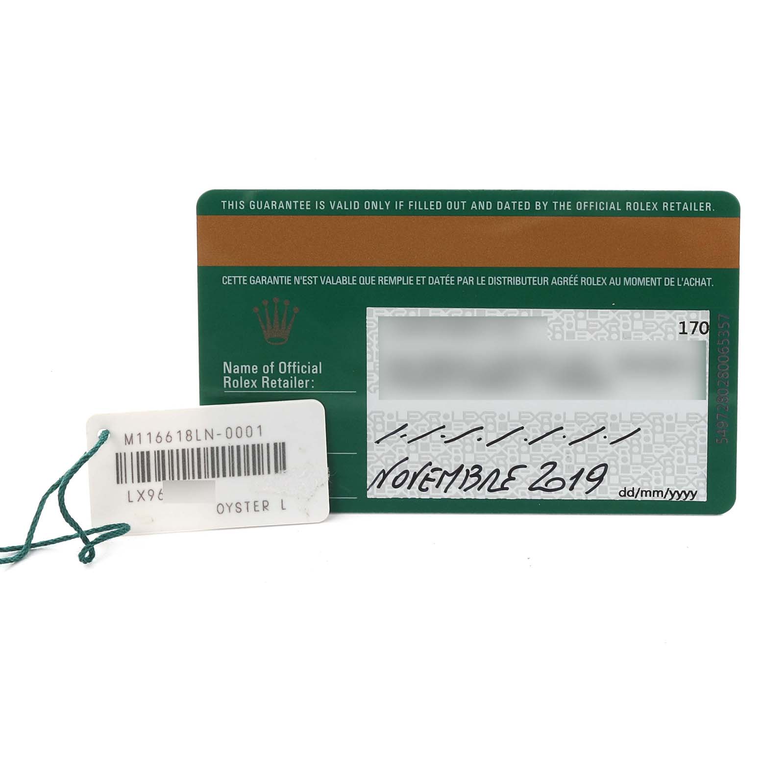The image shows a warranty card and a tag for the Rolex Submariner 116618 Men's Yellow Gold Black Dial 116618 Men's Yellow Gold Black Dial model, featuring retailer details and a purchase date.