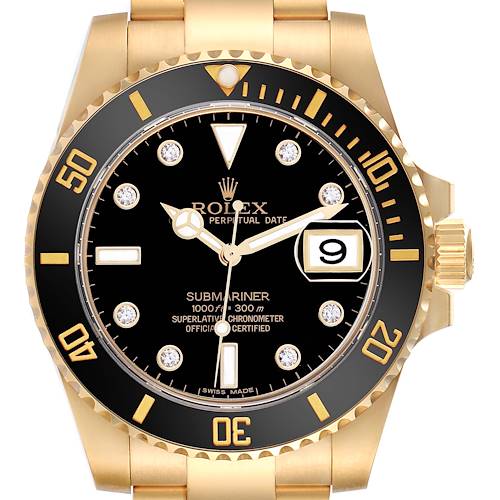 The Rolex Submariner is shown from the front, highlighting the black dial, bezel, date window, and gold details.