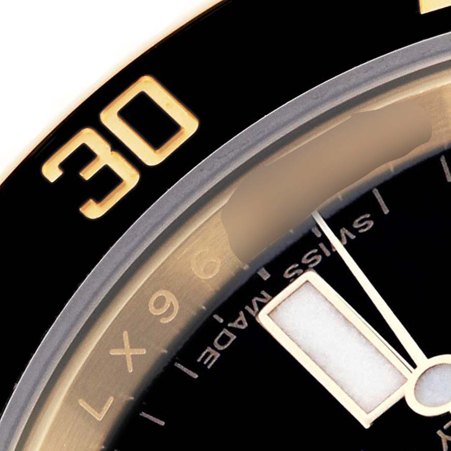 The image shows a close-up of the bezel and dial of a Rolex Submariner 116618 Men's Yellow Gold Black Dial 116618 Men's Yellow Gold Black Dial, focusing on the "30" mark and part of the "SWISS MADE" text.