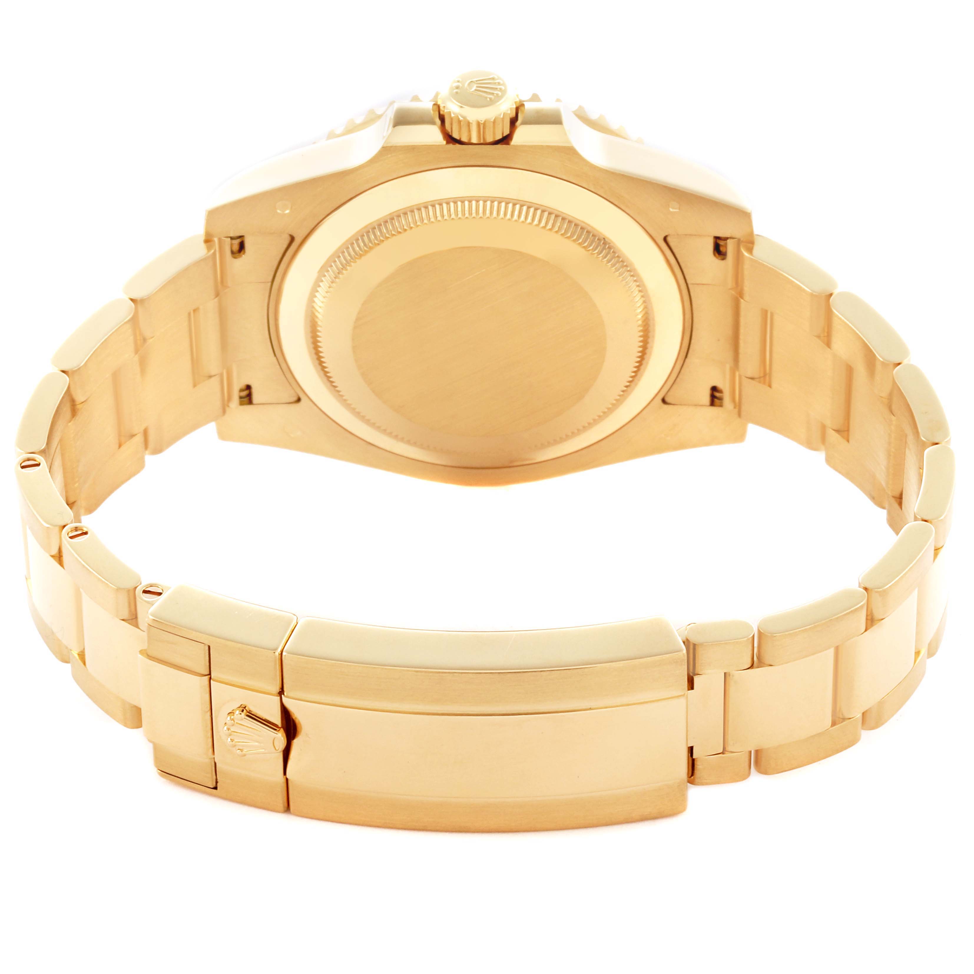 The image shows the back view of a Rolex Submariner 116618 Men's Yellow Gold Black Dial 116618 Men's Yellow Gold Black Dial, highlighting the bracelet and clasp.