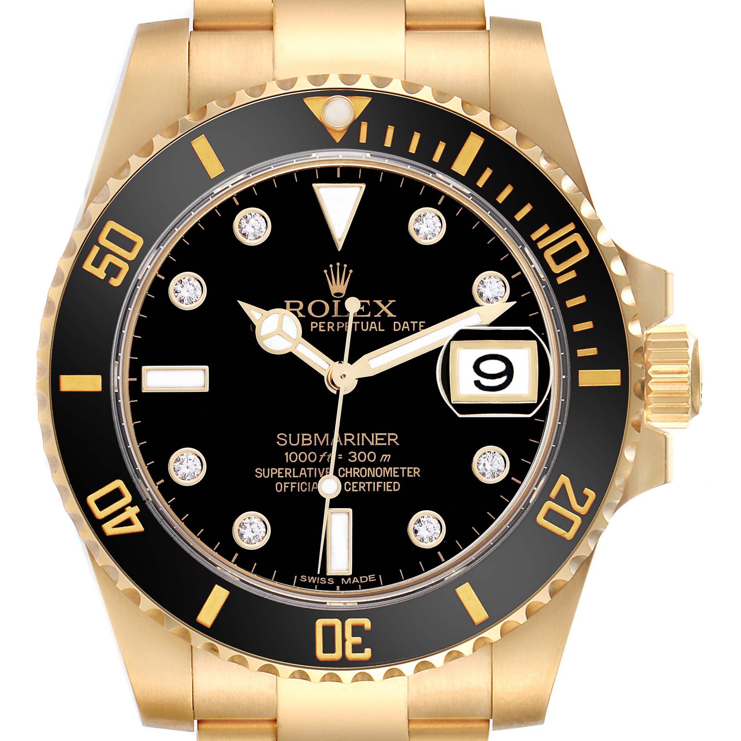 The Rolex Submariner 116618 Men's Yellow Gold Black Dial 116618 Men's Yellow Gold Black Dial watch is shown from a front angle highlighting the dial, bezel, crown, and part of the bracelet.
