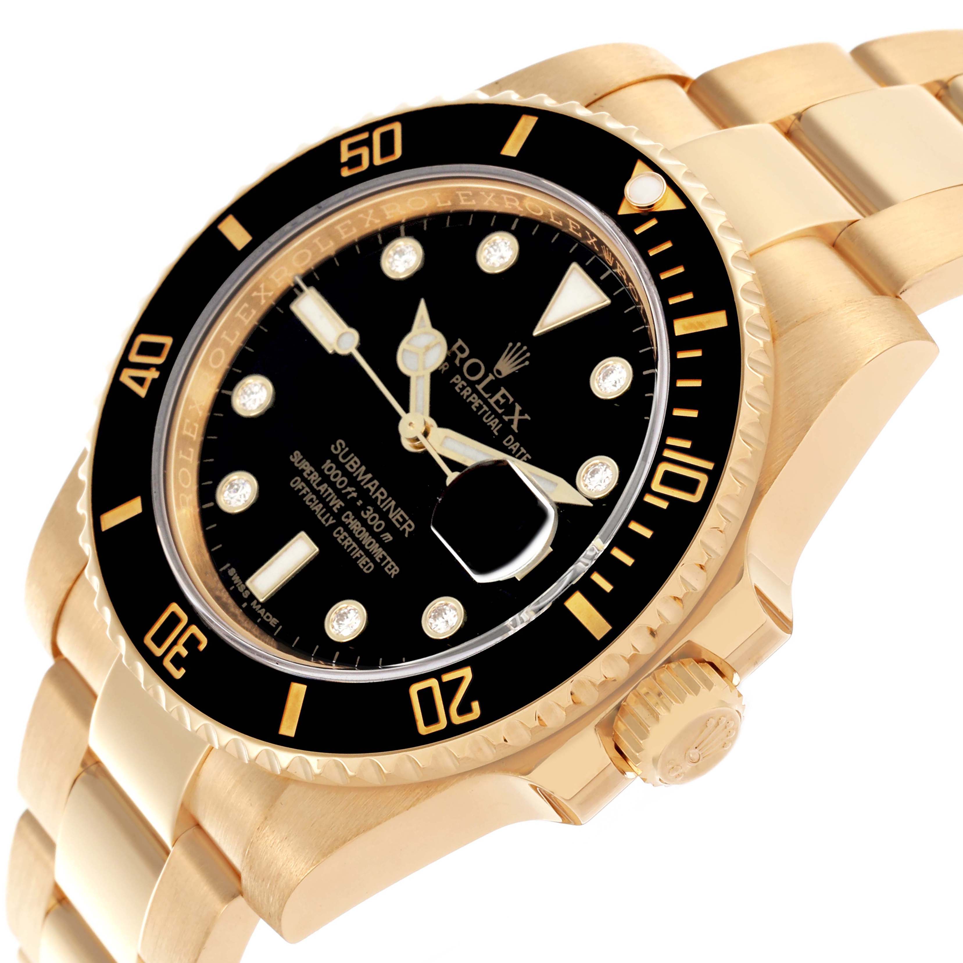 The Rolex Submariner 116618 Men's Yellow Gold Black Dial 116618 Men's Yellow Gold Black Dial is shown from an angled side view, highlighting the bezel, dial, crown, and bracelet.