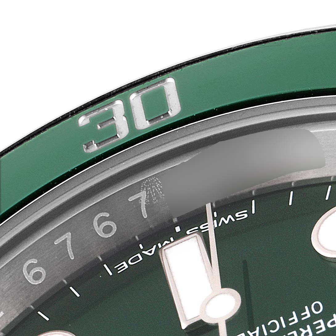 Close-up of the bezel and dial of a Rolex Submariner 116610LV Men
s Stainless Steel Green Dial 116610LV Men
s Stainless Steel Green Dial, showing the 30-minute marker and partial dial details.