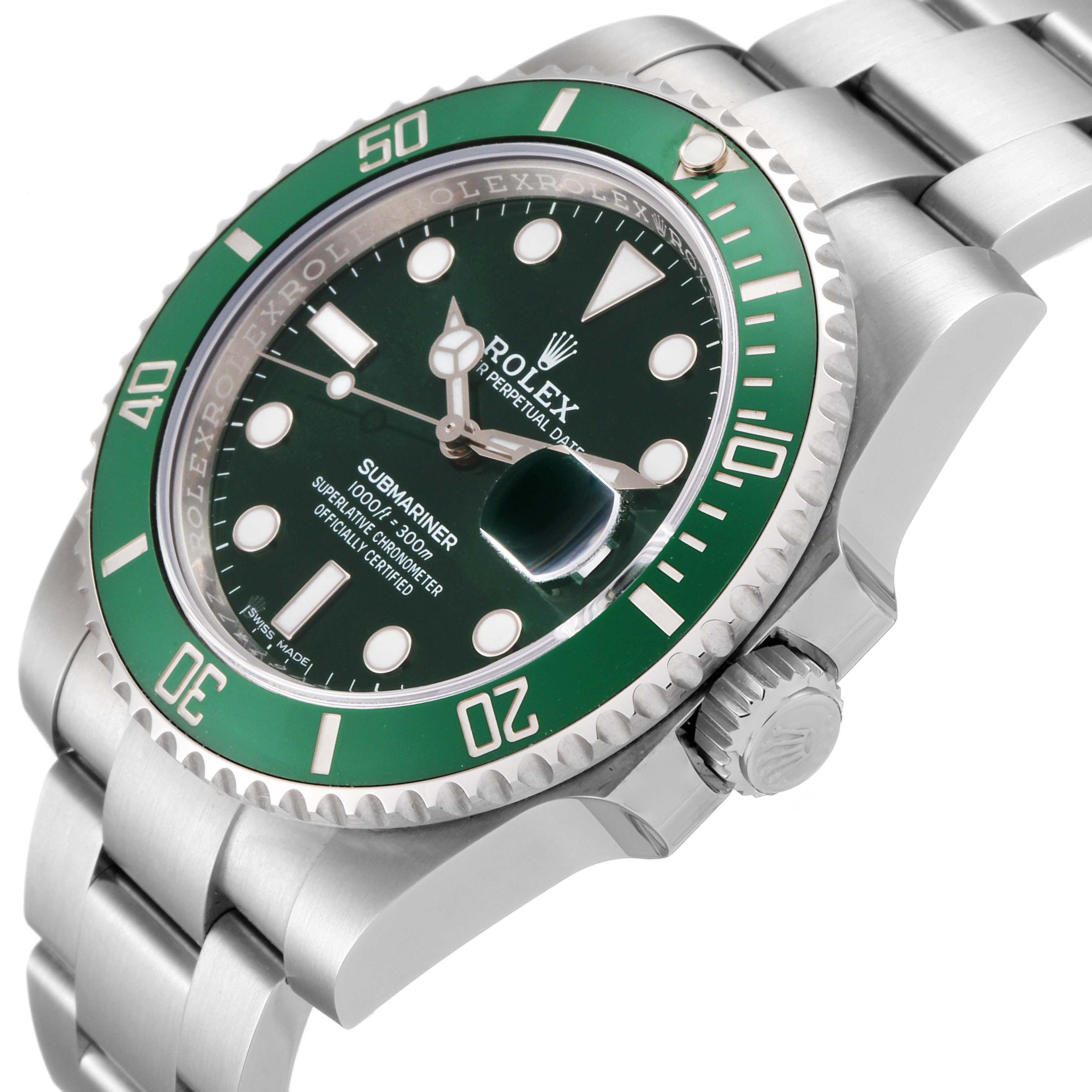 The Rolex Submariner 116610LV Men
s Stainless Steel Green Dial 116610LV Men
s Stainless Steel Green Dial watch is shown at an angle highlighting the face, bezel, and a portion of the bracelet.