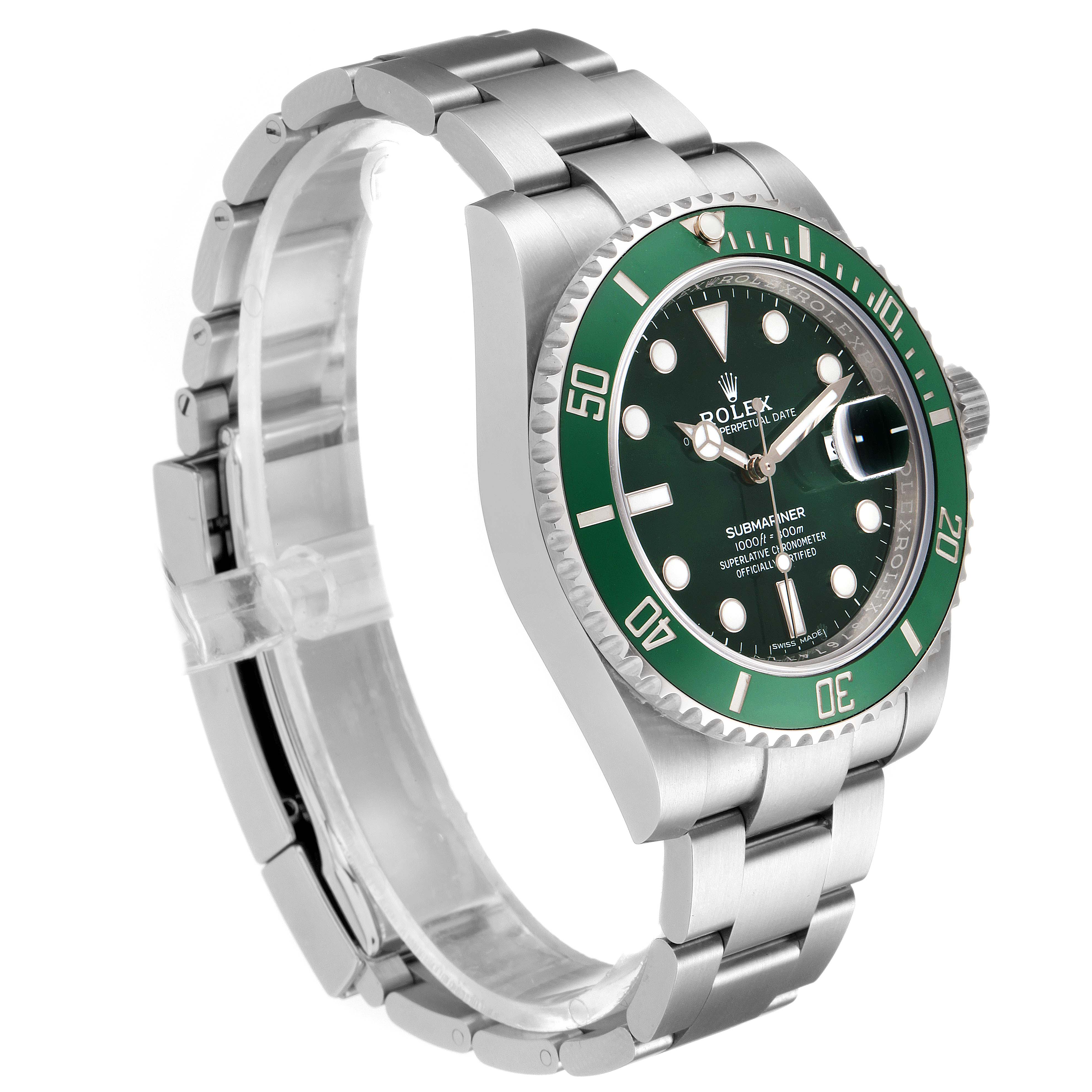 The image shows a side view of the Rolex Submariner 116610LV Men
s Stainless Steel Green Dial 116610LV Men
s Stainless Steel Green Dial watch displaying its green bezel, dial, and stainless steel bracelet.
