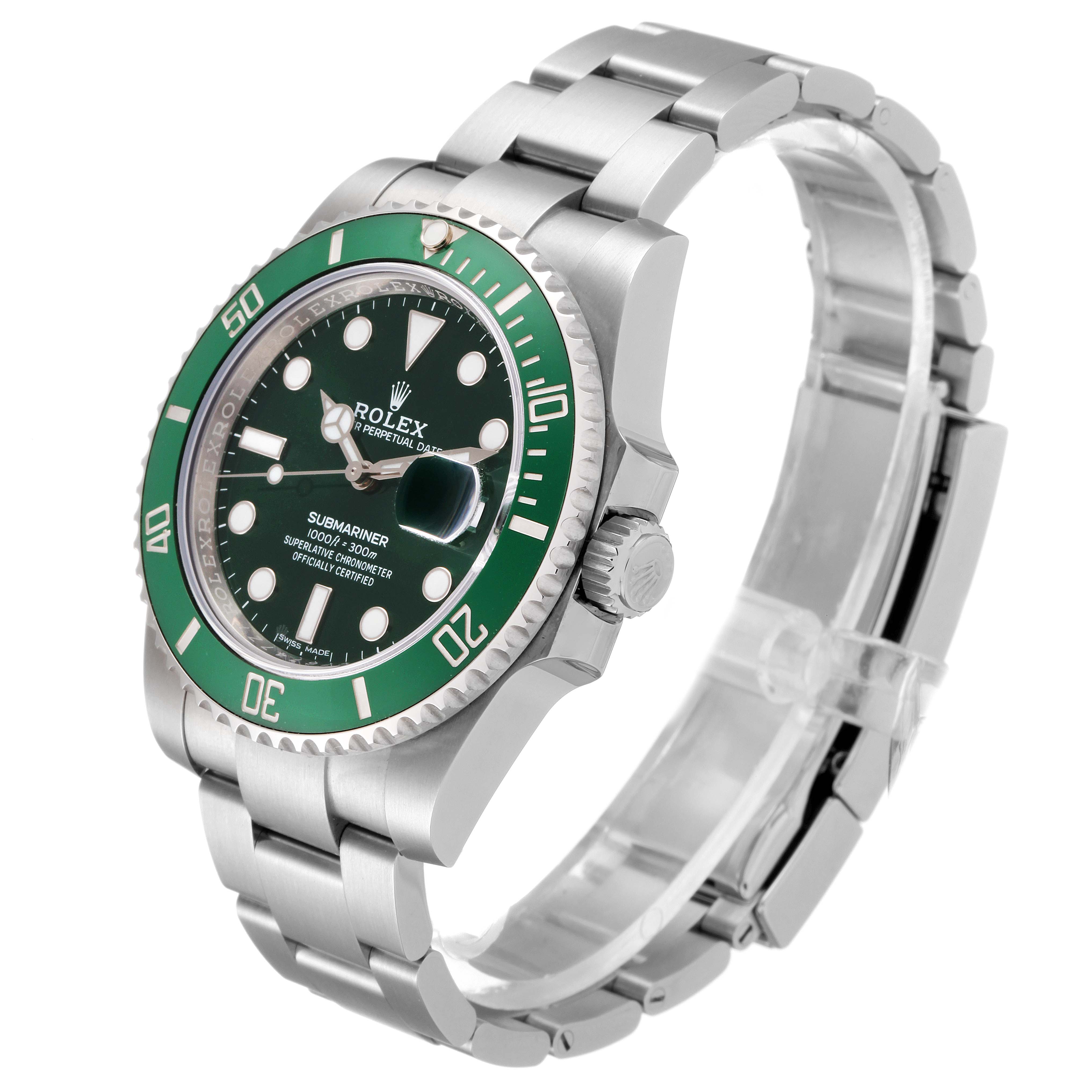This image shows a side angle of the Rolex Submariner 116610LV Men
s Stainless Steel Green Dial 116610LV Men
s Stainless Steel Green Dial watch, highlighting its green bezel, face, and stainless steel bracelet.