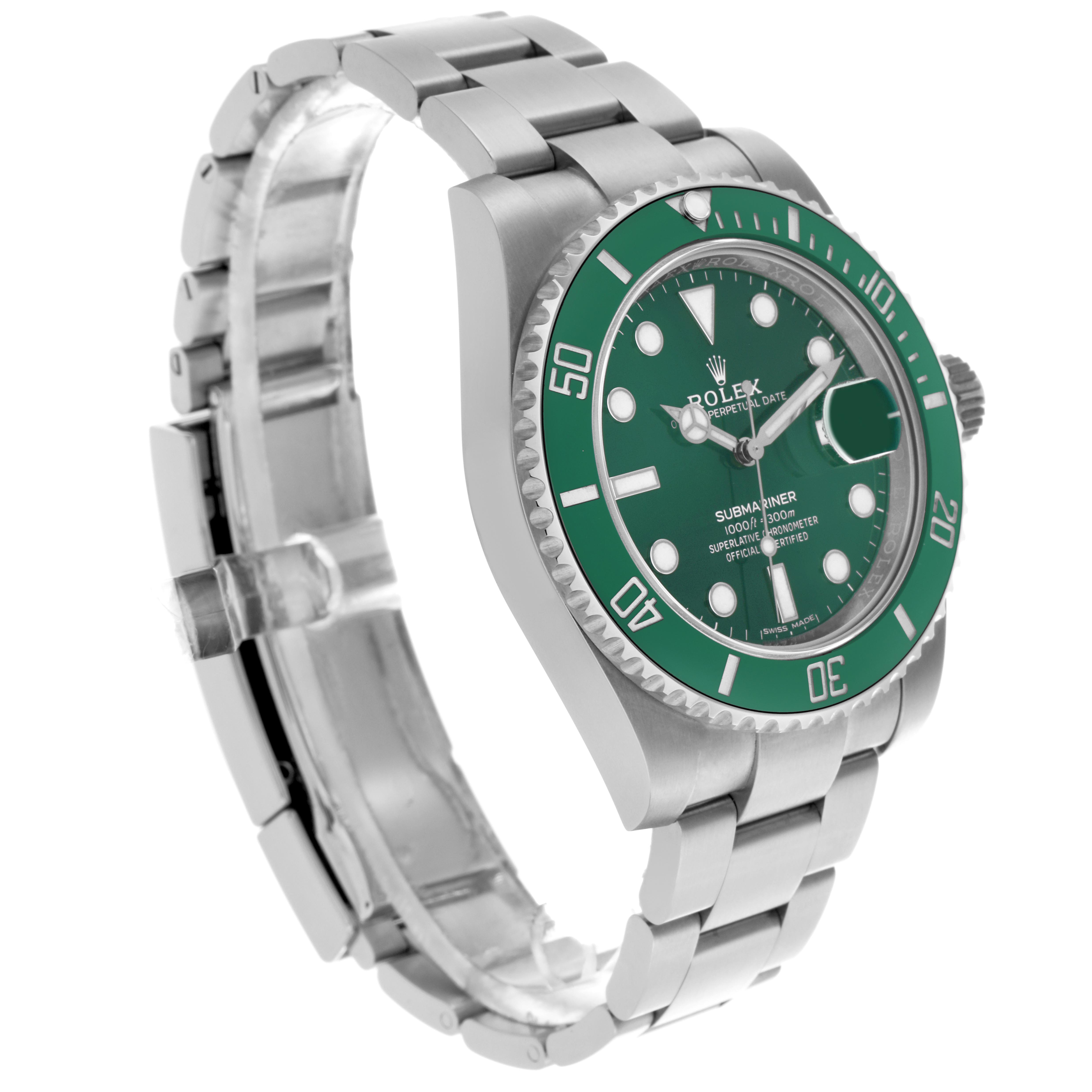 The Rolex Submariner 116610LV Men's Stainless Steel Green Dial 116610LV Men's Stainless Steel Green Dial watch is shown at a side angle, displaying the green bezel, dial, and metal bracelet.