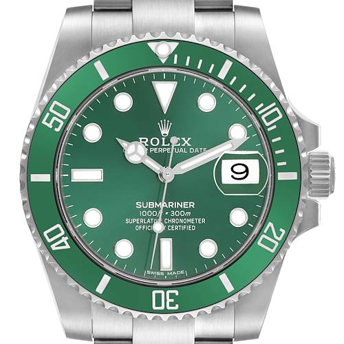 The Rolex Submariner watch is shown from a front angle, displaying the green dial, bezel, and part of the bracelet.