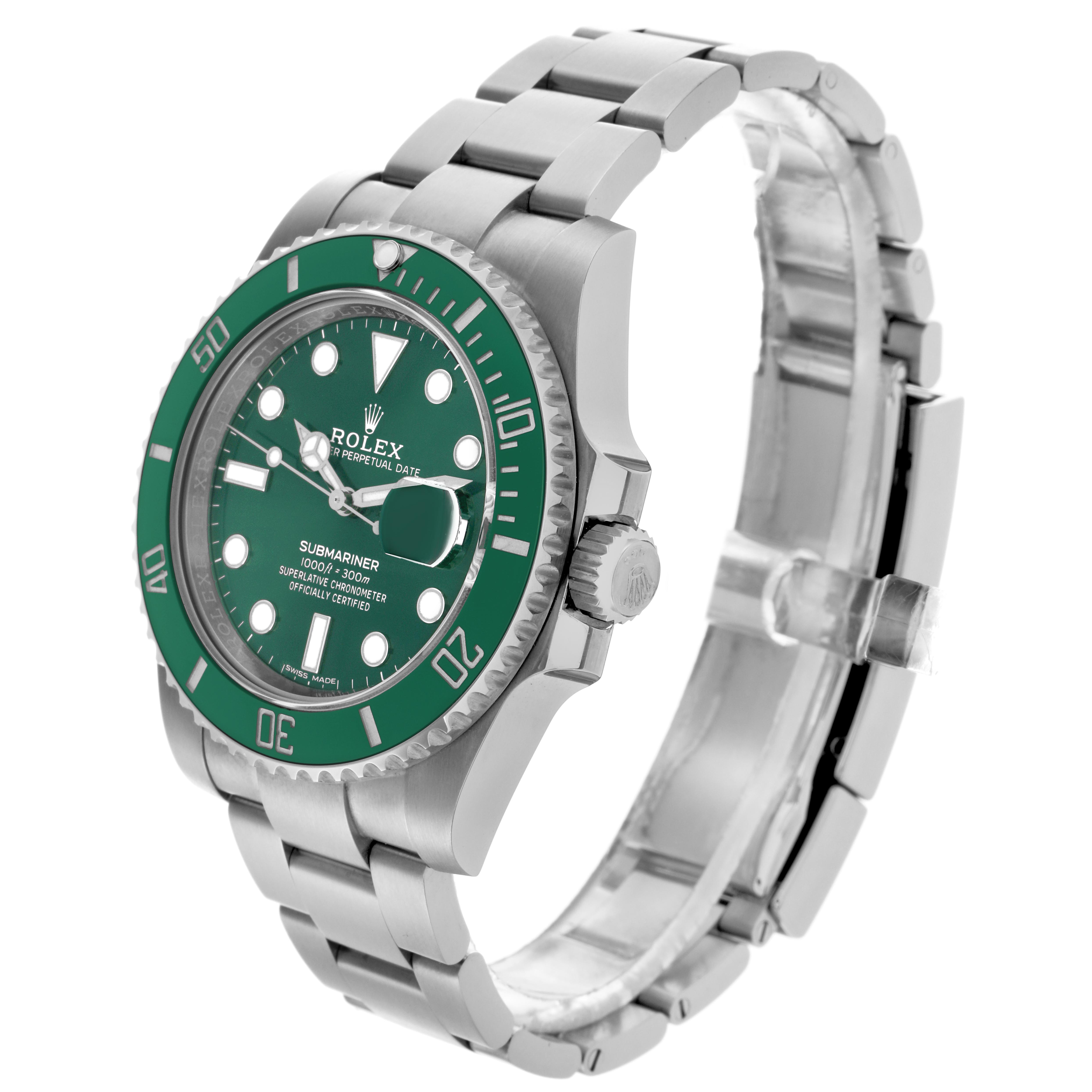 The Rolex Submariner 116610LV Men's Stainless Steel Green Dial 116610LV Men's Stainless Steel Green Dial watch is shown at a side angle, highlighting the green dial, bezel, case, and stainless steel bracelet.