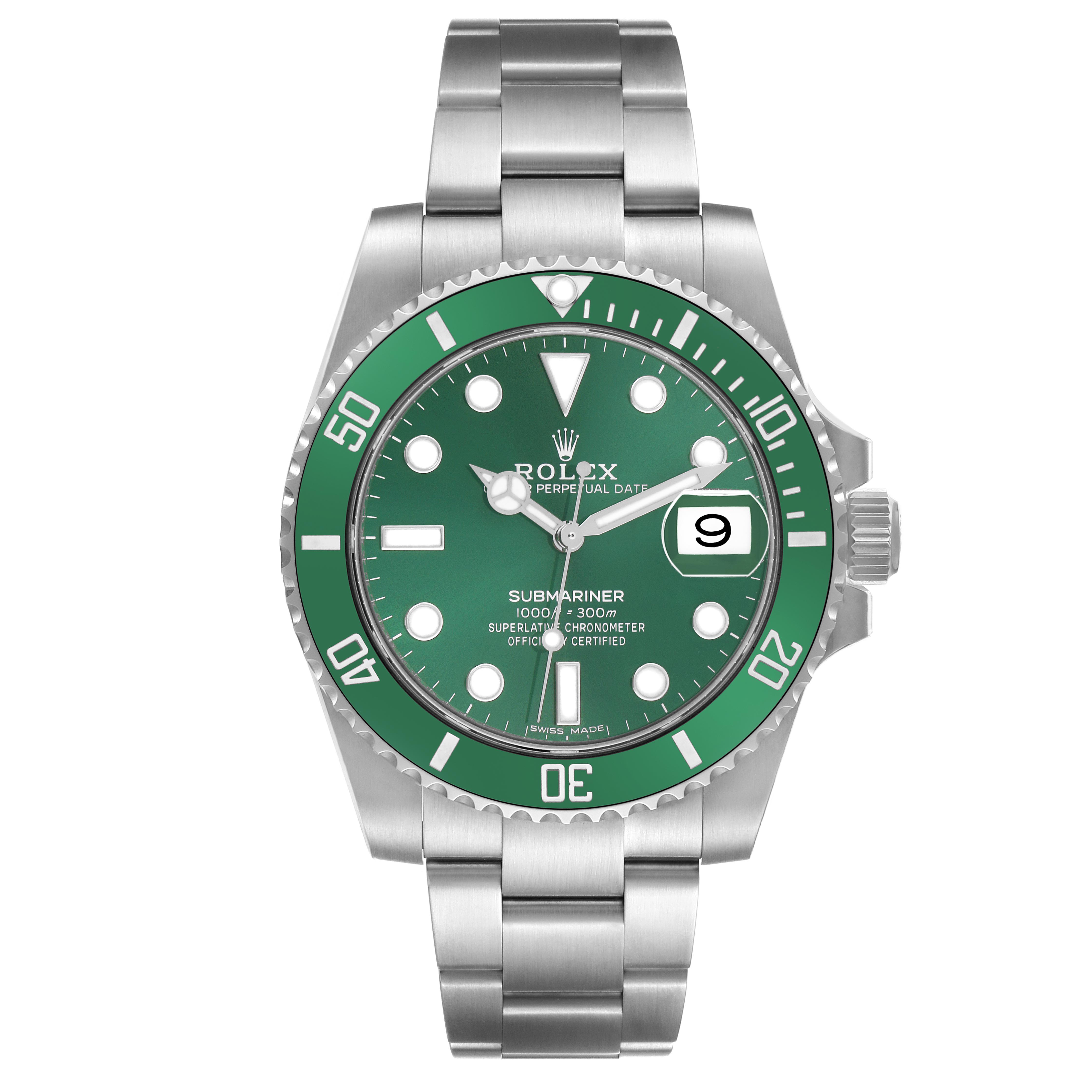 The Rolex Submariner 116610LV Men's Stainless Steel Green Dial 116610LV Men's Stainless Steel Green Dial watch is shown from a frontal angle, displaying the dial, bezel, and bracelet.