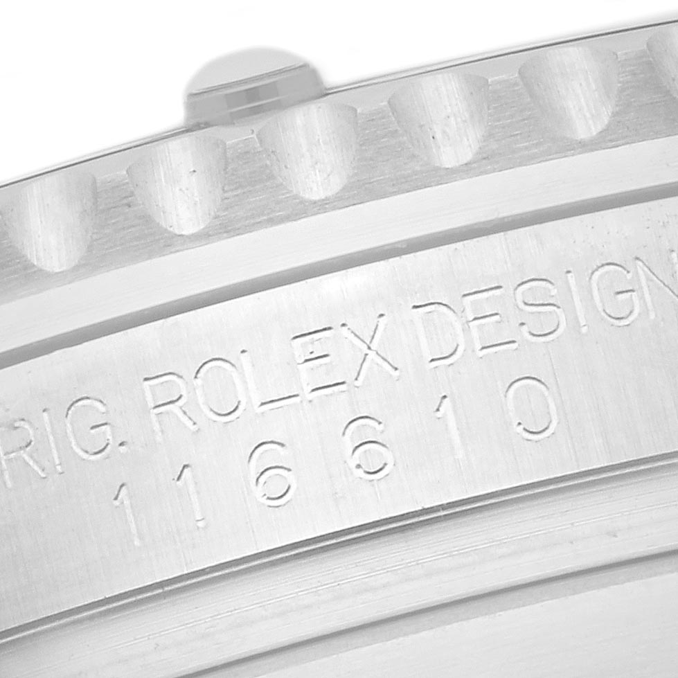 The image shows an angled close-up of the engraved case side of a Rolex Submariner 116610LV Men's Stainless Steel Green Dial 116610LV Men's Stainless Steel Green Dial, highlighting its model number.