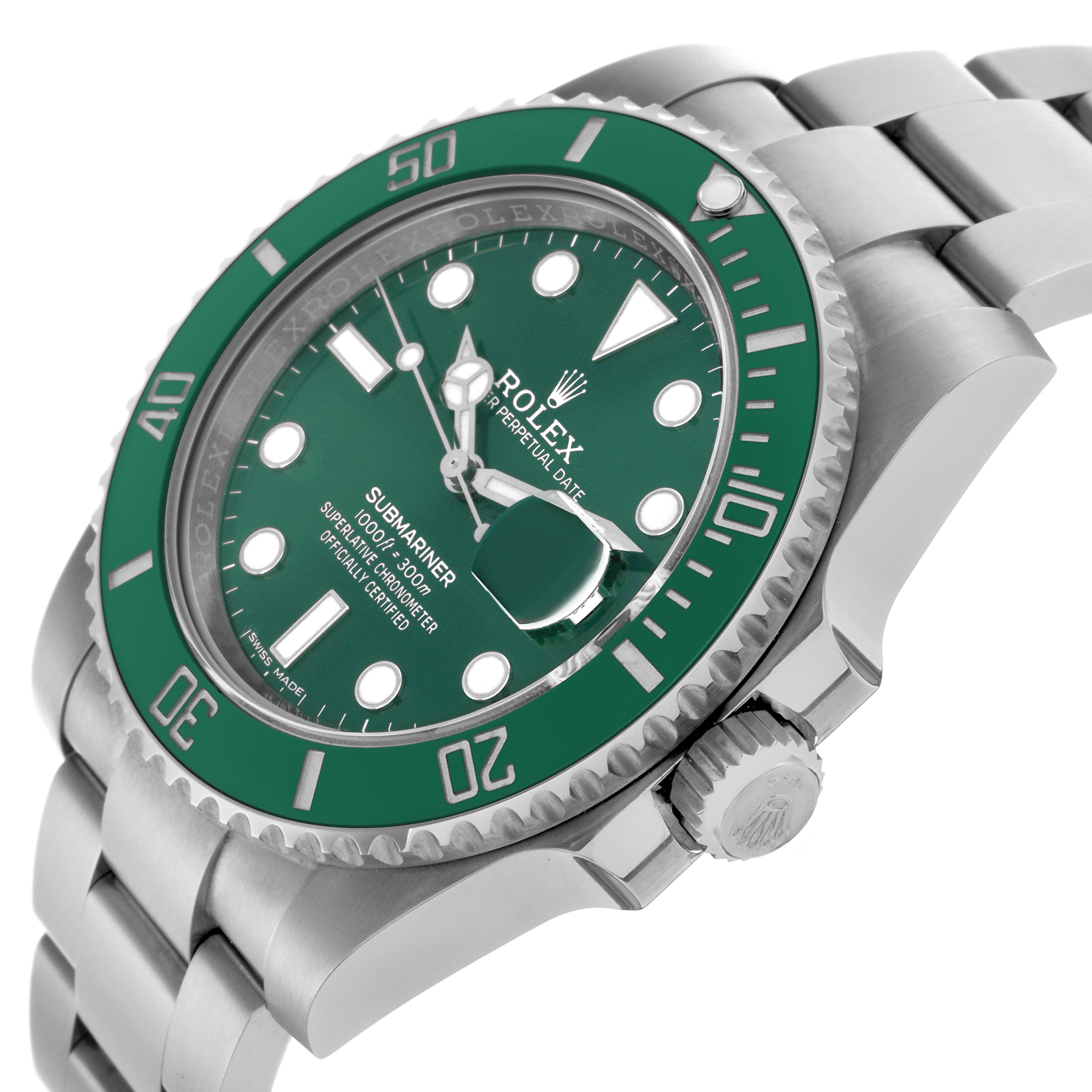 The Rolex Submariner 116610LV Men's Stainless Steel Green Dial 116610LV Men's Stainless Steel Green Dial watch is shown at an angle highlighting the green bezel, dial, crown, and part of the bracelet.