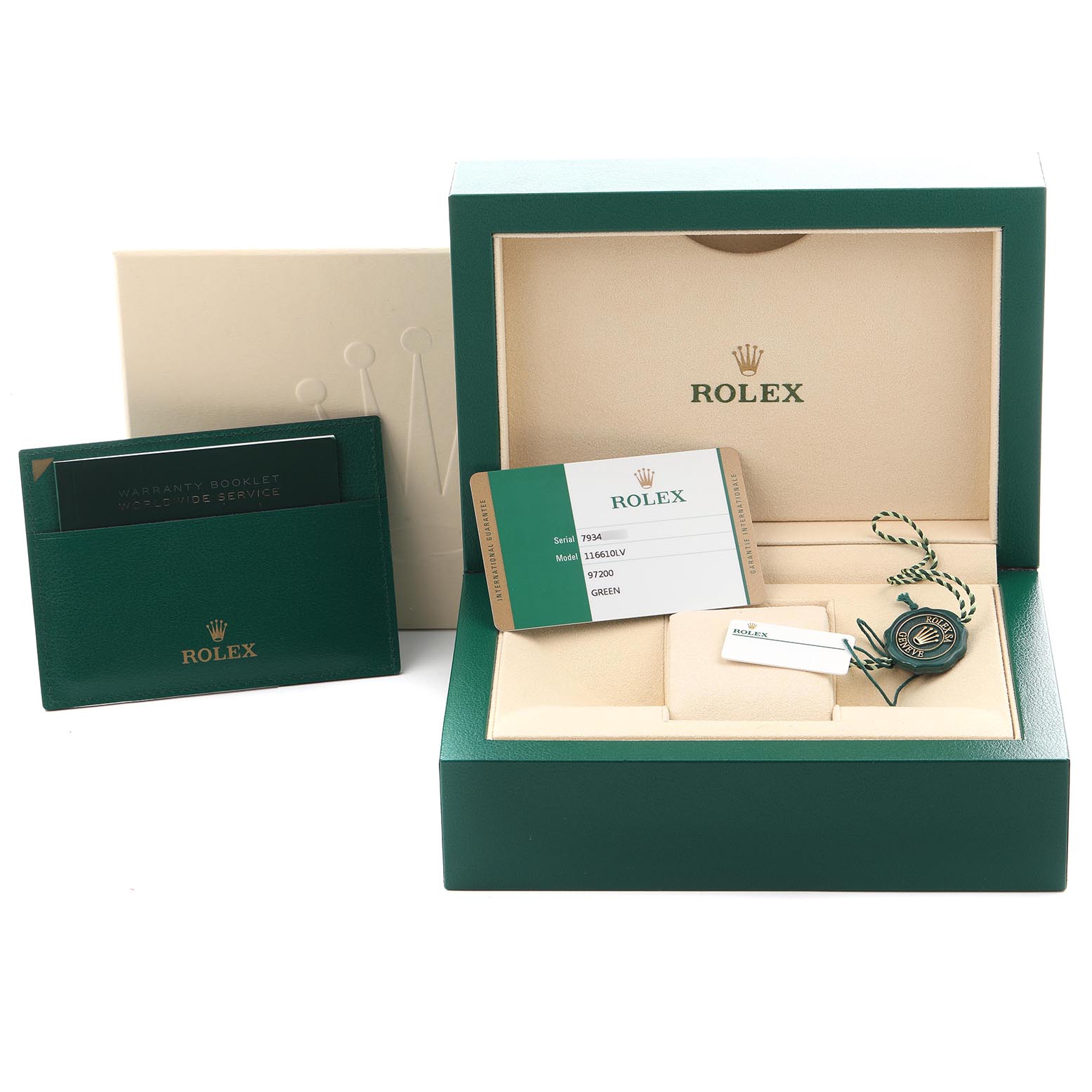 The image shows the open box, warranty booklets, card, and accessories for a Rolex Submariner 116610LV Men's Stainless Steel Green Dial 116610LV Men's Stainless Steel Green Dial.