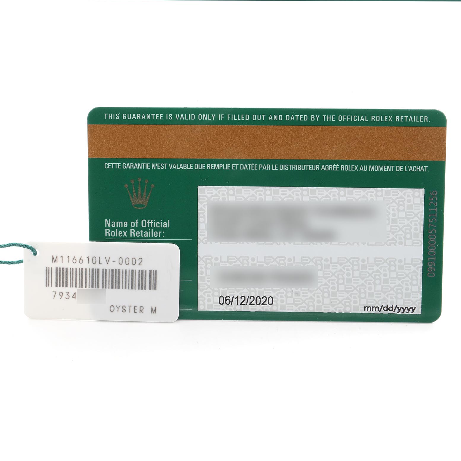 The image shows a warranty card and tag for a Rolex Submariner 116610LV Men's Stainless Steel Green Dial 116610LV Men's Stainless Steel Green Dial watch, featuring model details.
