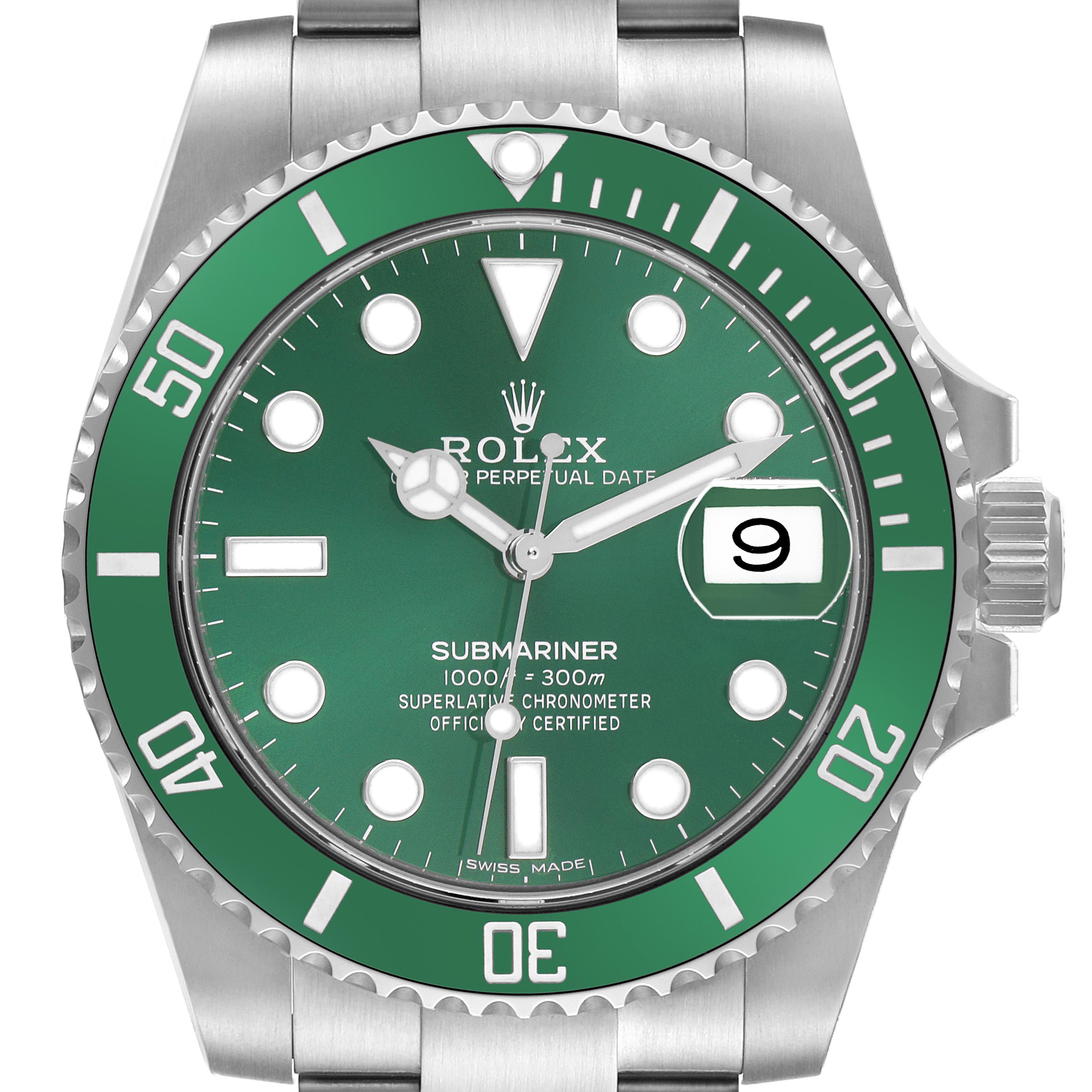 The image shows a front view of the Rolex Submariner 116610LV Men's Stainless Steel Green Dial 116610LV Men's Stainless Steel Green Dial watch, displaying the dial, bezel, and crown on the right side.