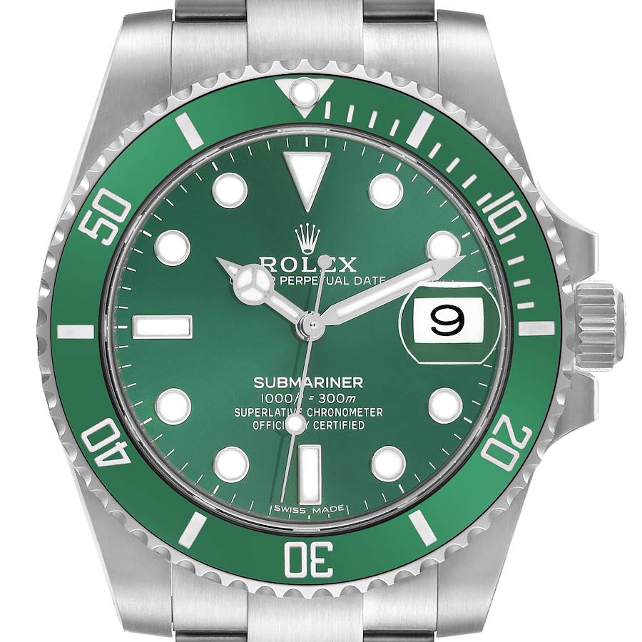 The image shows a front view of the Rolex Submariner watch, displaying the dial, bezel, and crown on the right side.
