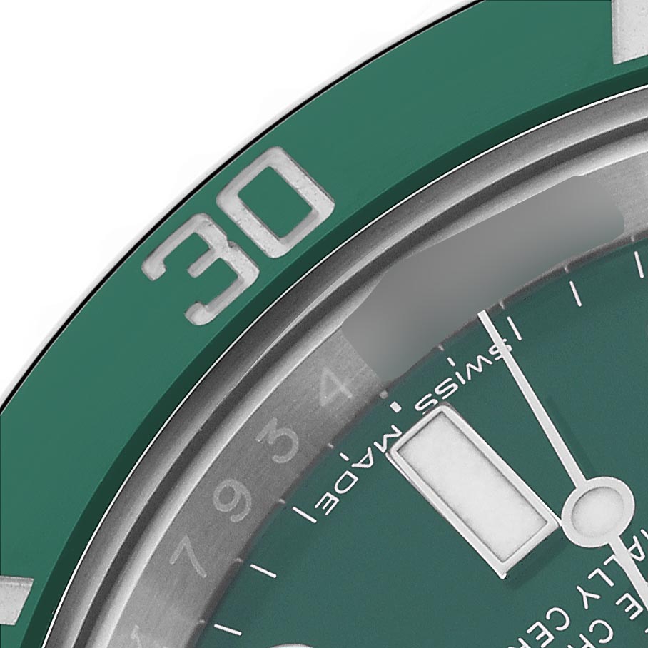 The image shows a close-up of the bezel and dial of a Rolex Submariner 116610LV Men's Stainless Steel Green Dial 116610LV Men's Stainless Steel Green Dial, highlighting the "30" on the bezel and part of the watch face.