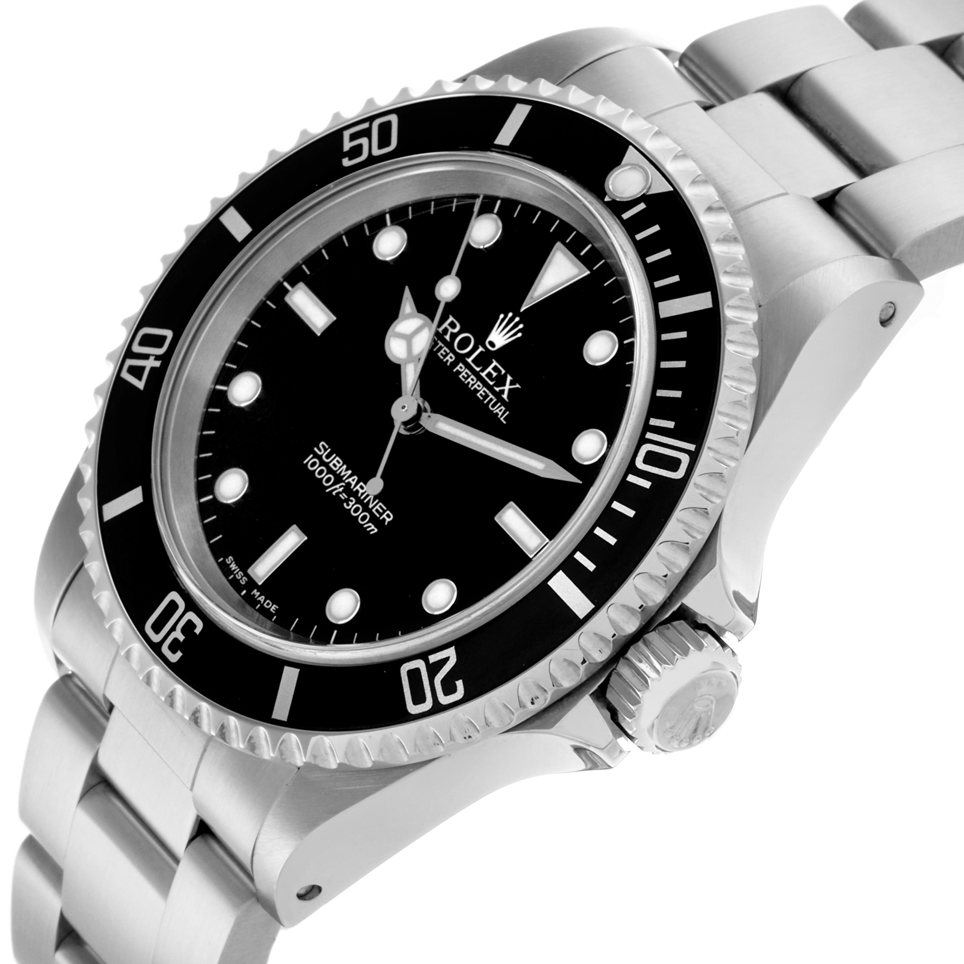 The Rolex Submariner 14060 Men's Stainless Steel Black Dial 14060 Men's Stainless Steel Black Dial watch is shown from an angled view displaying its dial, bezel, crown, and part of the bracelet.