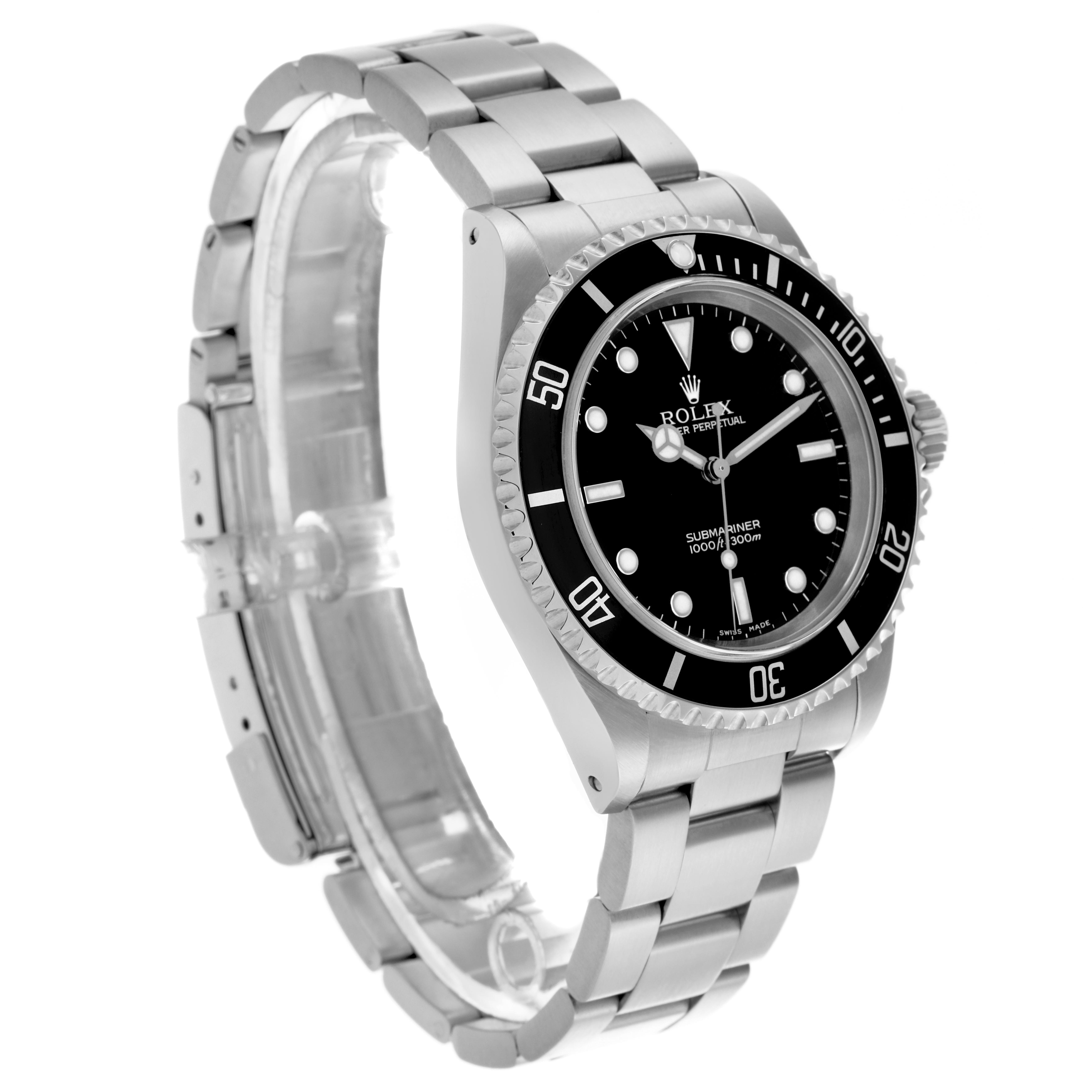 The Rolex Submariner 14060 Men's Stainless Steel Black Dial 14060 Men's Stainless Steel Black Dial is shown at a three-quarter angle displaying the black dial, bezel, and metal bracelet.