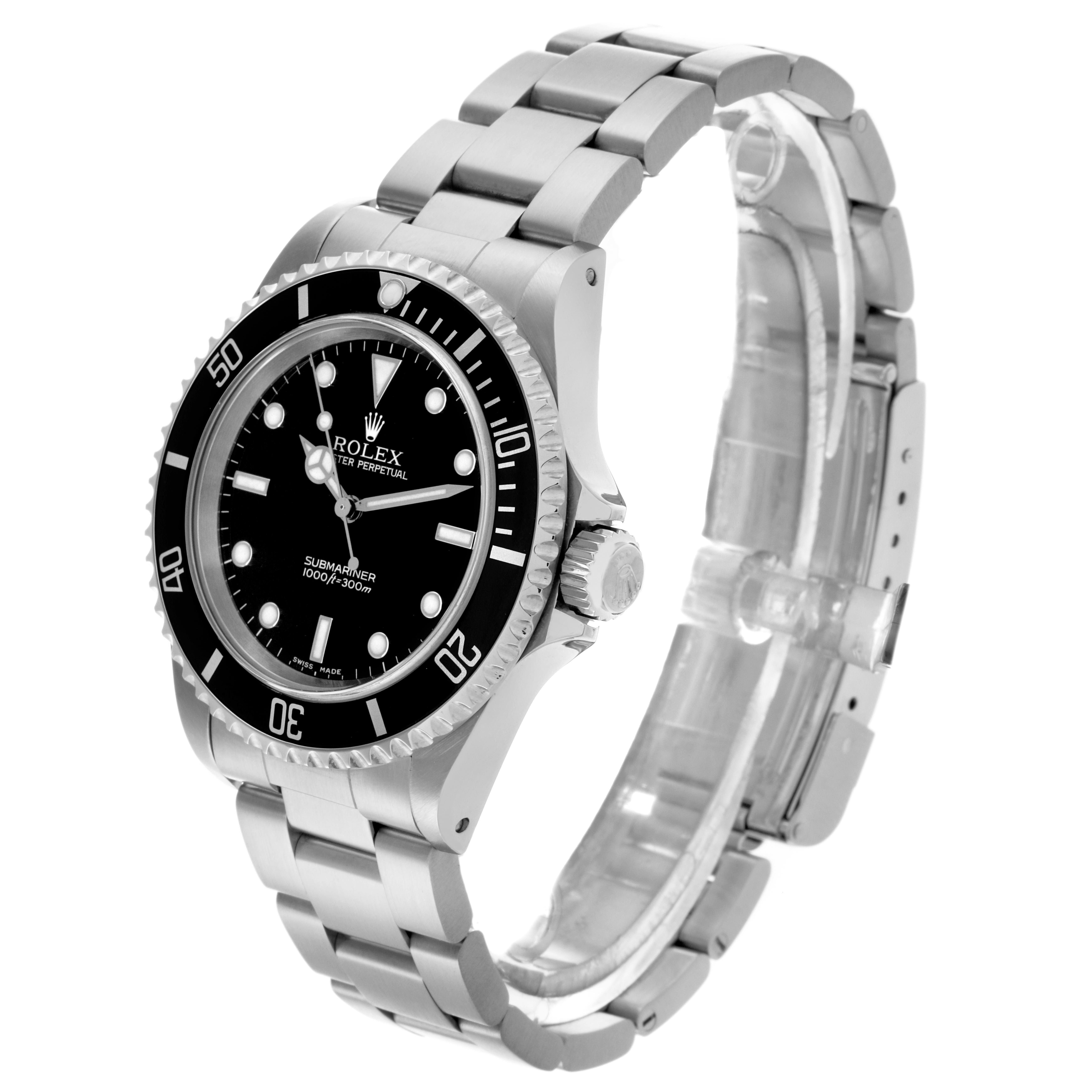 The Rolex Submariner 14060 Men's Stainless Steel Black Dial 14060 Men's Stainless Steel Black Dial watch is shown at a slightly angled front view, displaying its dial, bezel, and bracelet.