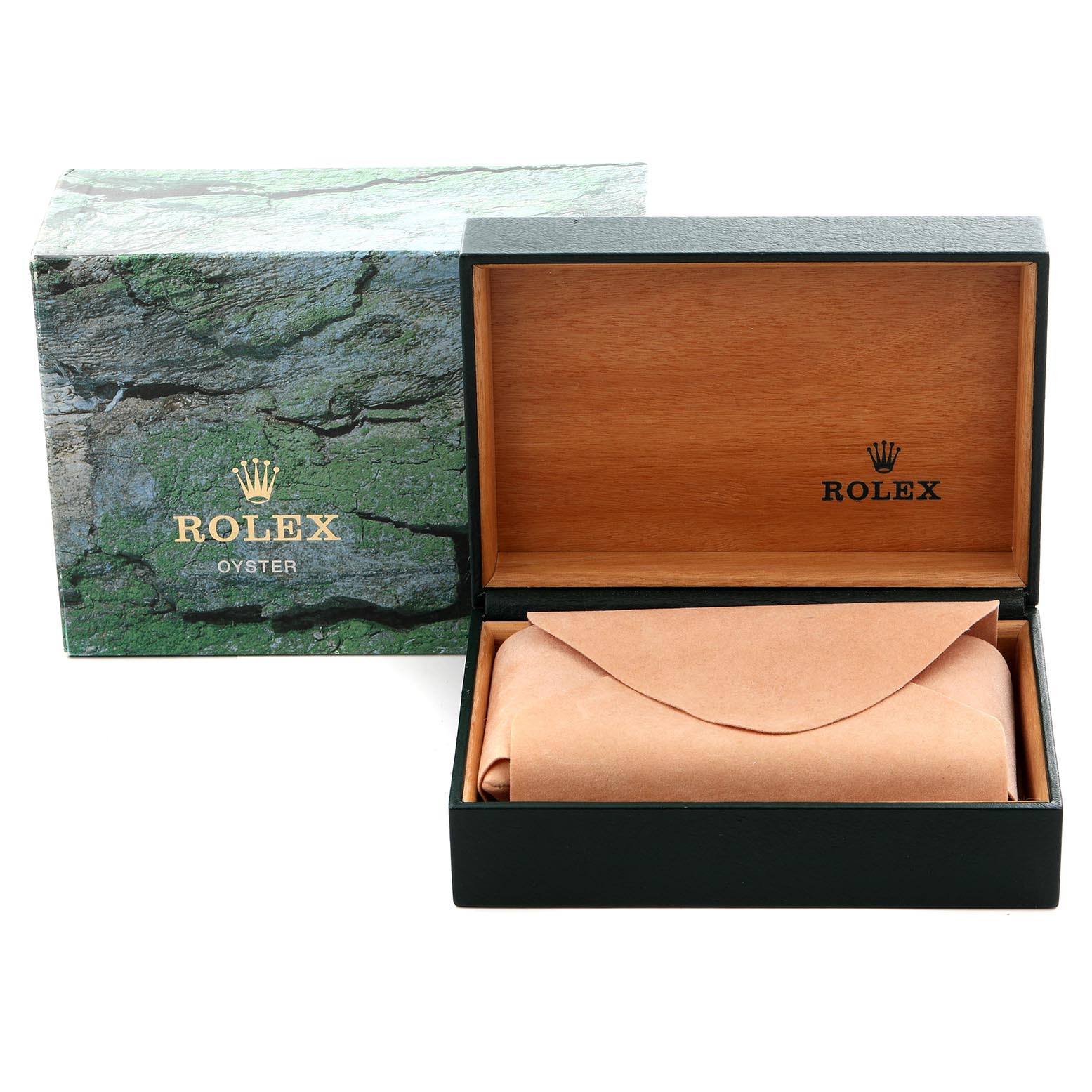 The image shows a Rolex Submariner 14060 Men's Stainless Steel Black Dial 14060 Men's Stainless Steel Black Dial box and packaging, including an open wooden Rolex case with a leather pouch inside.