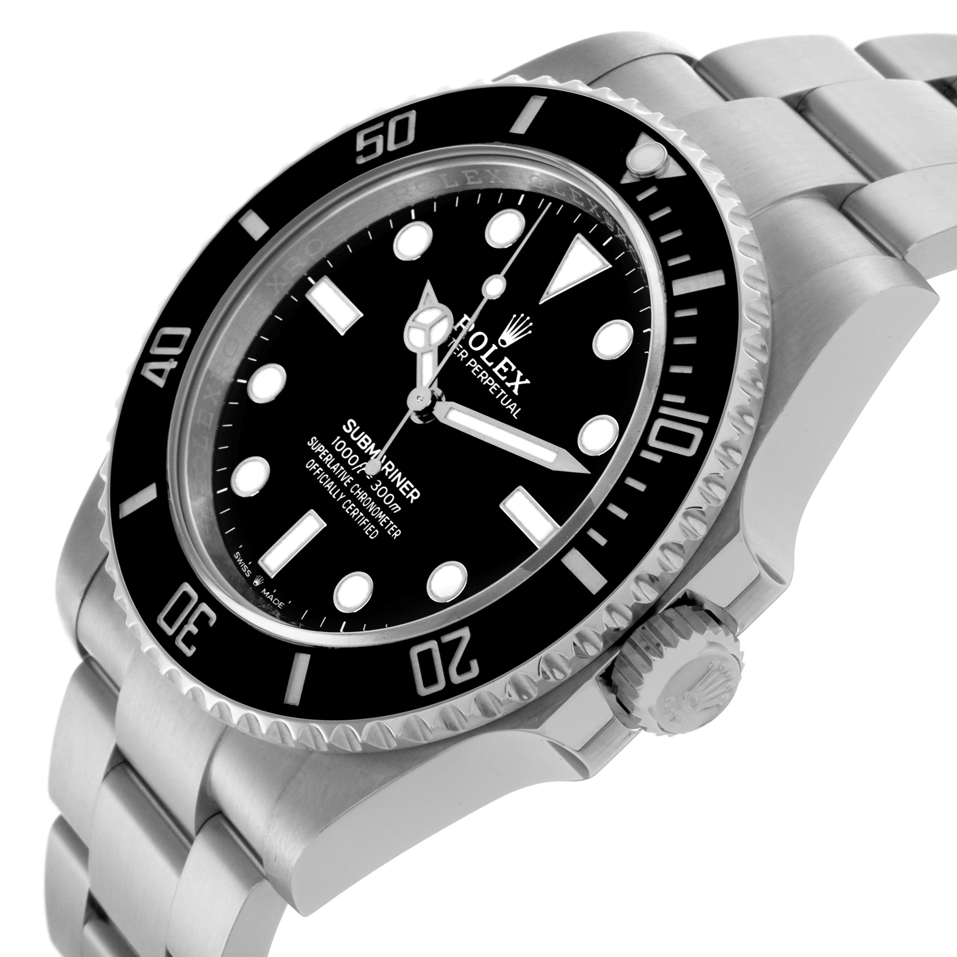 The Rolex Submariner 124060 Men's Stainless Steel Black Dial 124060 Men's Stainless Steel Black Dial is shown at a slight angle, displaying the bezel, dial, crown, and stainless steel bracelet.