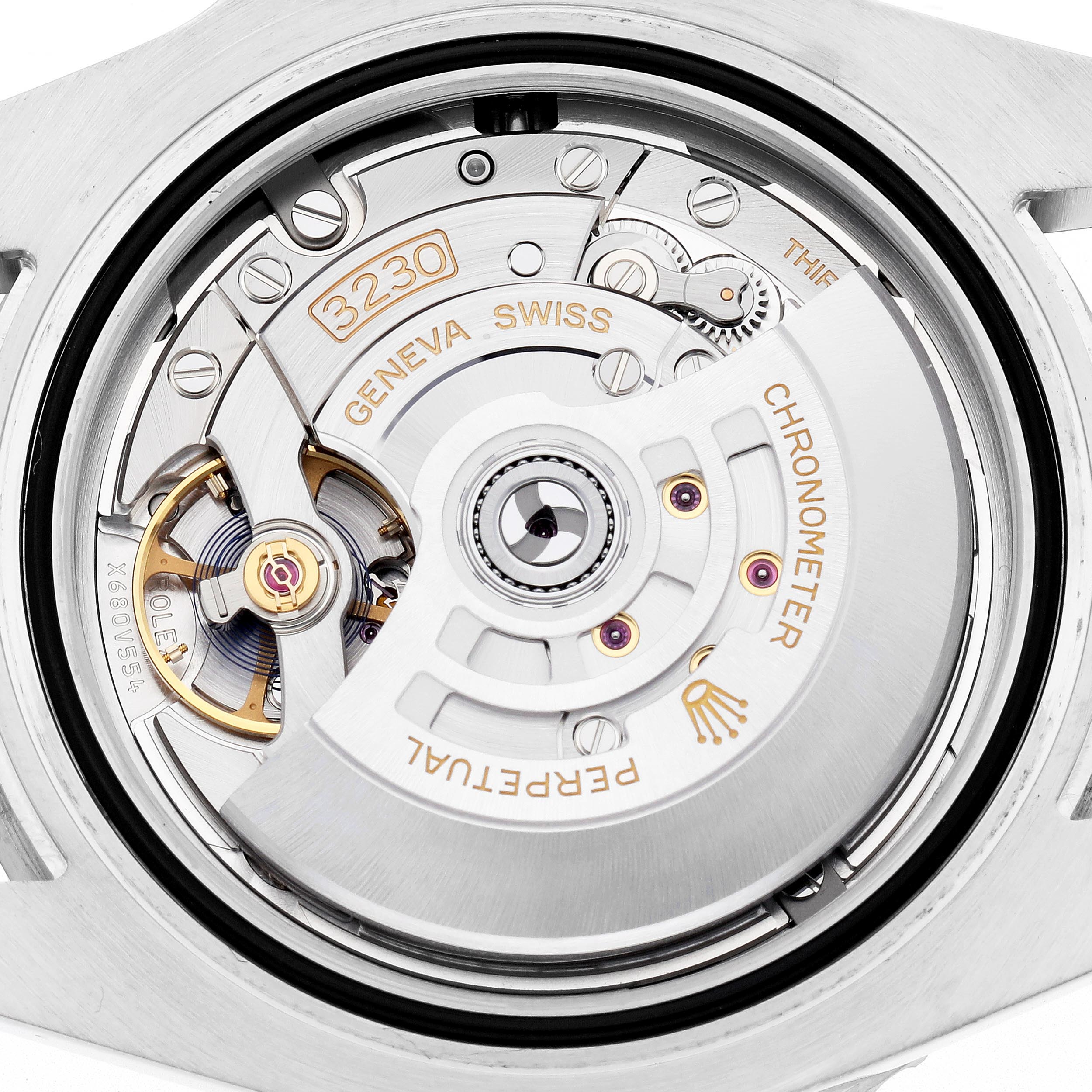 The image shows the Rolex Submariner 124060 Men's Stainless Steel Black Dial 124060 Men's Stainless Steel Black Dial's movement from the back, focusing on the intricate components of its mechanism.