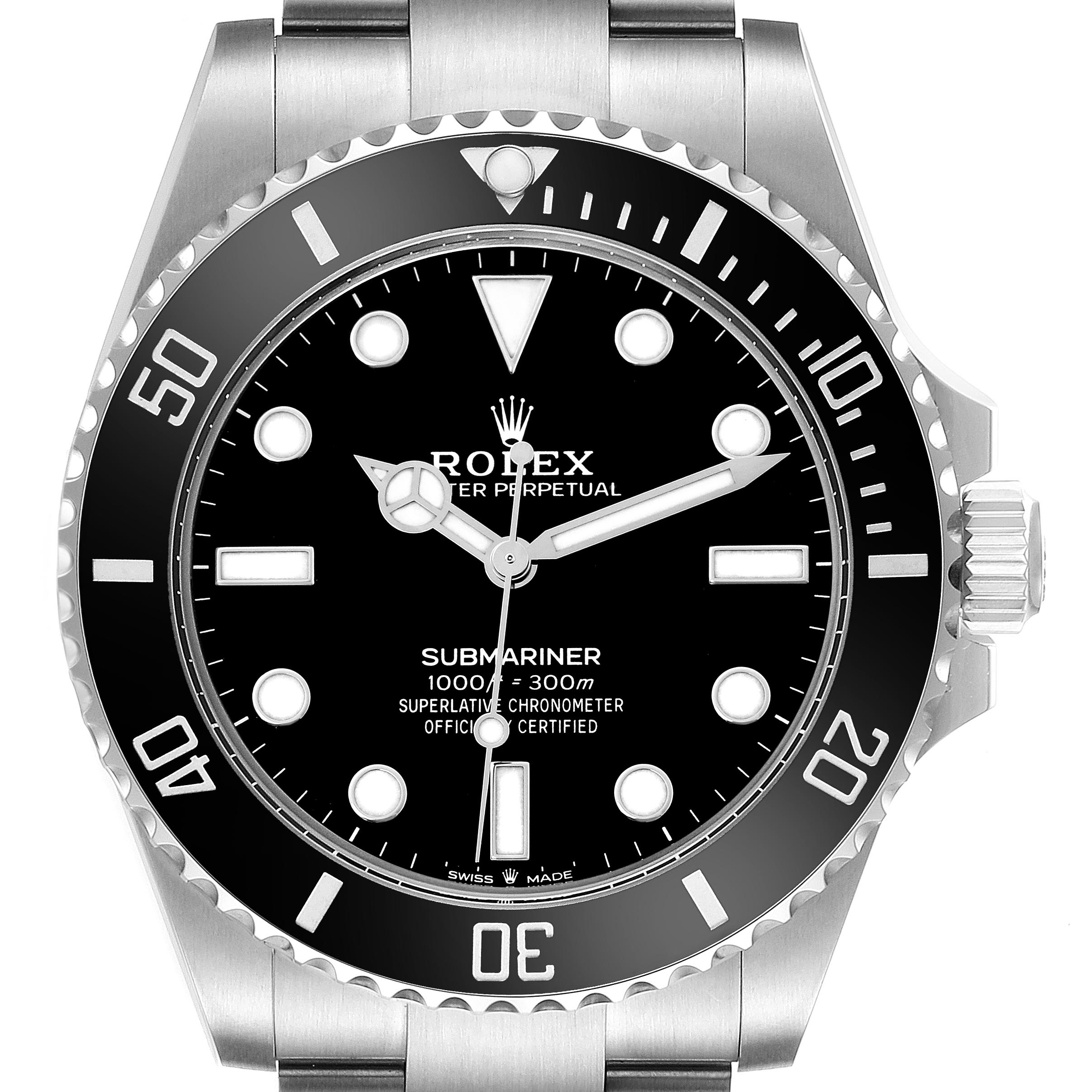 The image shows a front view of the Rolex Submariner 124060 Men's Stainless Steel Black Dial 124060 Men's Stainless Steel Black Dial watch, displaying the bezel, dial, markers, and crown.