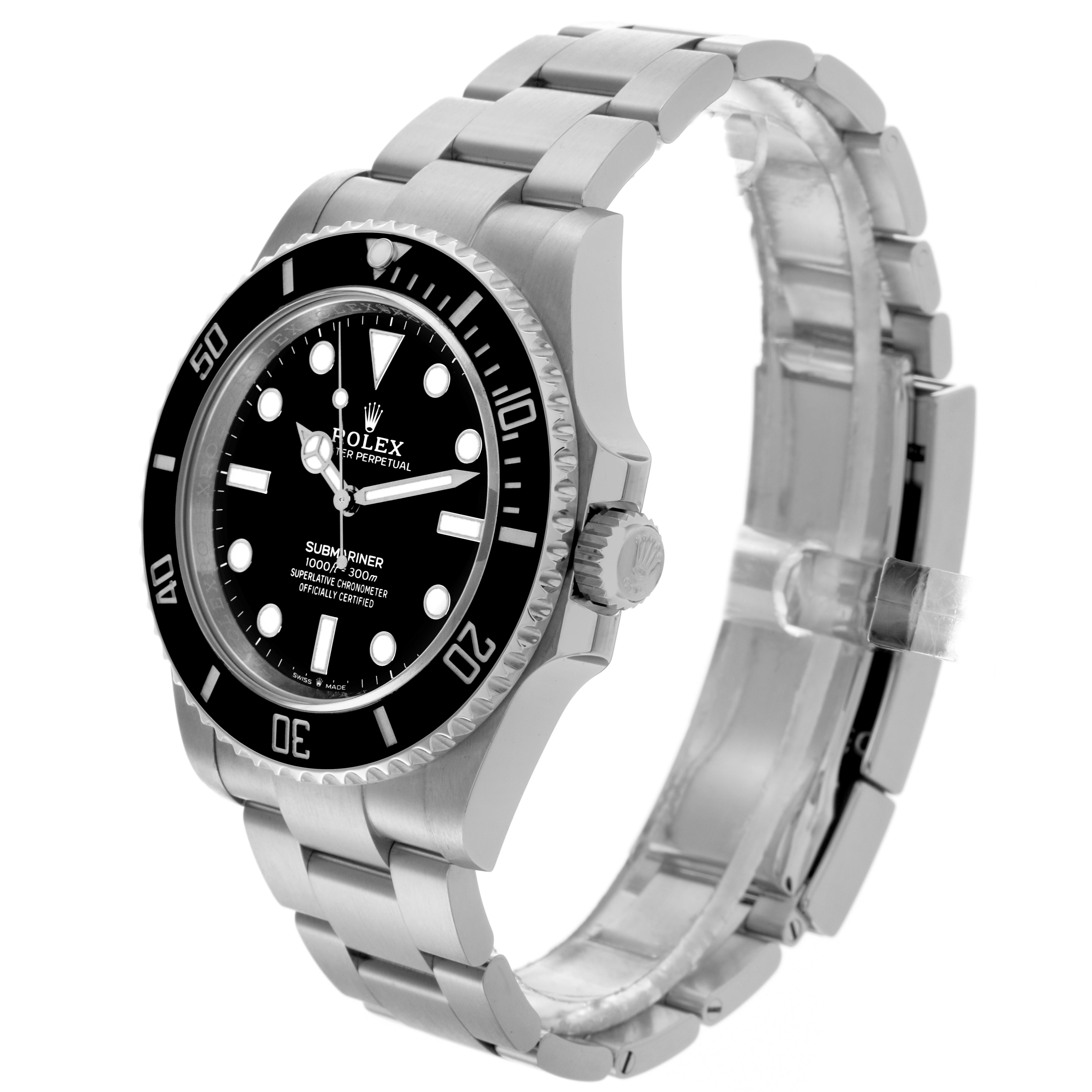 The Rolex Submariner 124060 Men's Stainless Steel Black Dial 124060 Men's Stainless Steel Black Dial watch is shown at a three-quarter angle, highlighting the face, bezel, crown, and bracelet.