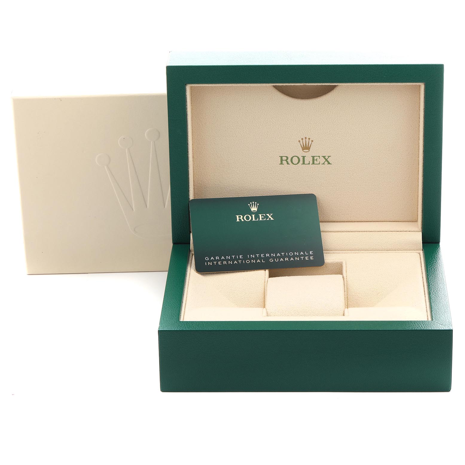 The image shows a Rolex Submariner 124060 Men's Stainless Steel Black Dial 124060 Men's Stainless Steel Black Dial watch box with an open lid and an international guarantee card inside.