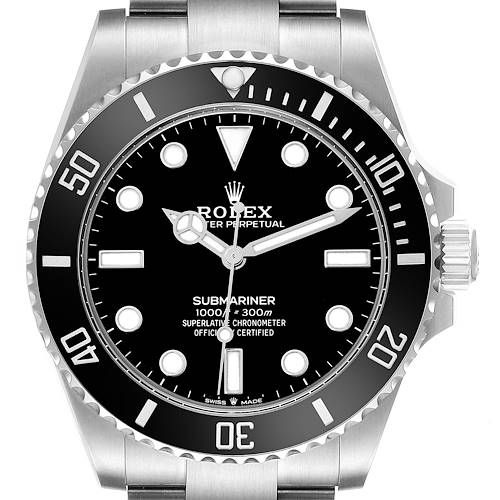 The Rolex Submariner is shown from the front, displaying the dial, bezel, and crown in detail.
