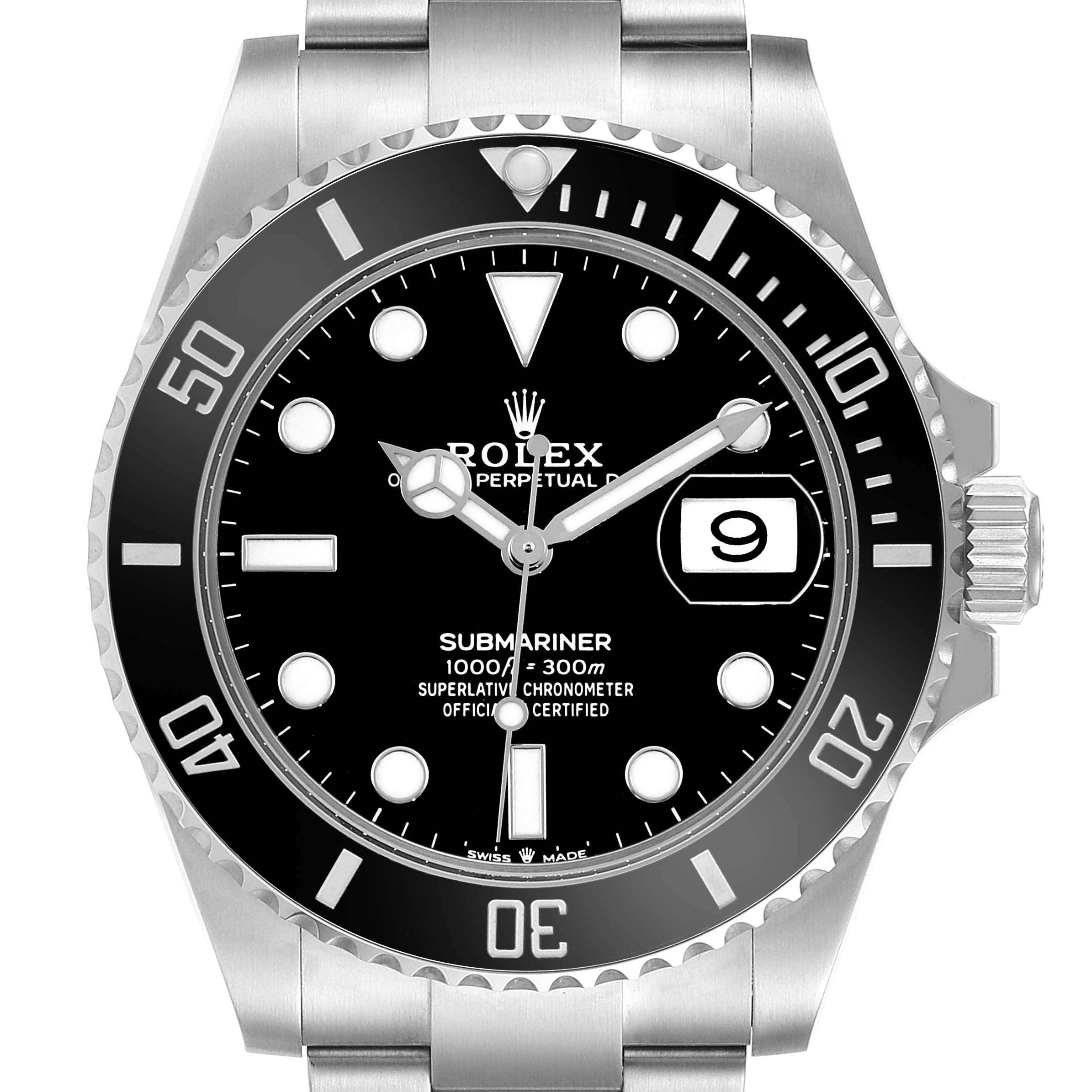 The Rolex Submariner 126610 Men's Stainless Steel Black Dial watch is shown from the front, detailing the bezel, dial, hands, date window, and part of the bracelet.