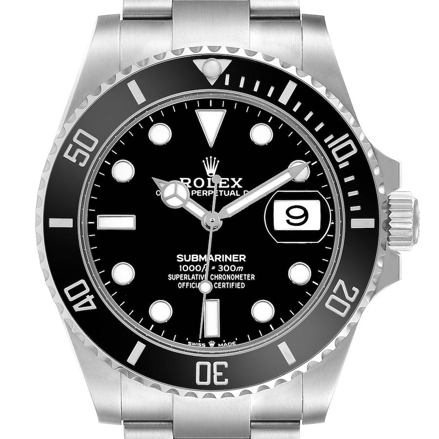 The Rolex Submariner 126610 Men's Stainless Steel Black Dial watch is shown from the front, detailing the bezel, dial, hands, date window, and part of the bracelet.