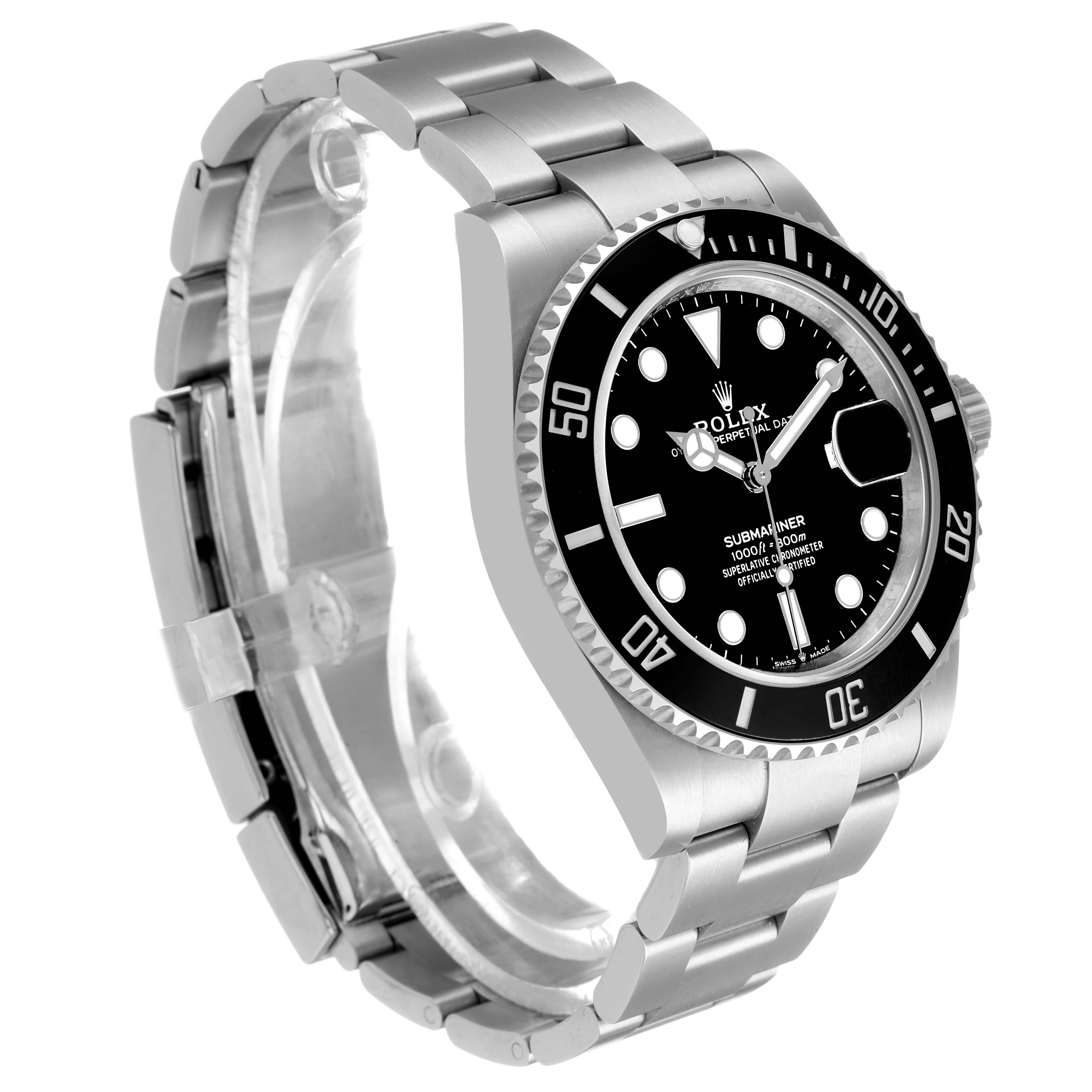 The Rolex Submariner 126610 Men's Stainless Steel Black Dial watch is shown at a three-quarter angle, displaying its bezel, dial, and stainless steel bracelet.