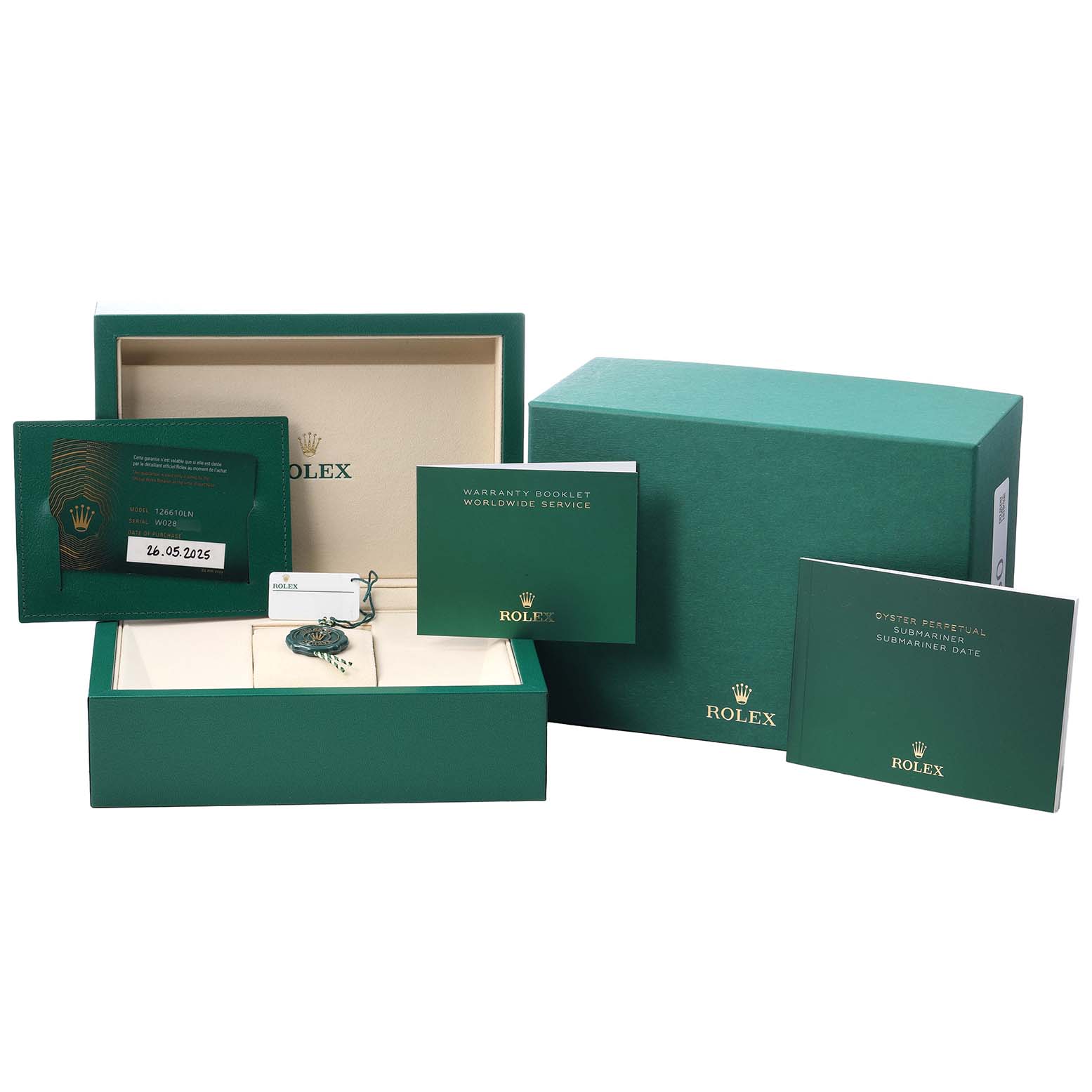 The image shows the packaging and accessories for a Rolex Submariner 126610 Men's Stainless Steel Black Dial, including the box, warranty card, and booklets.