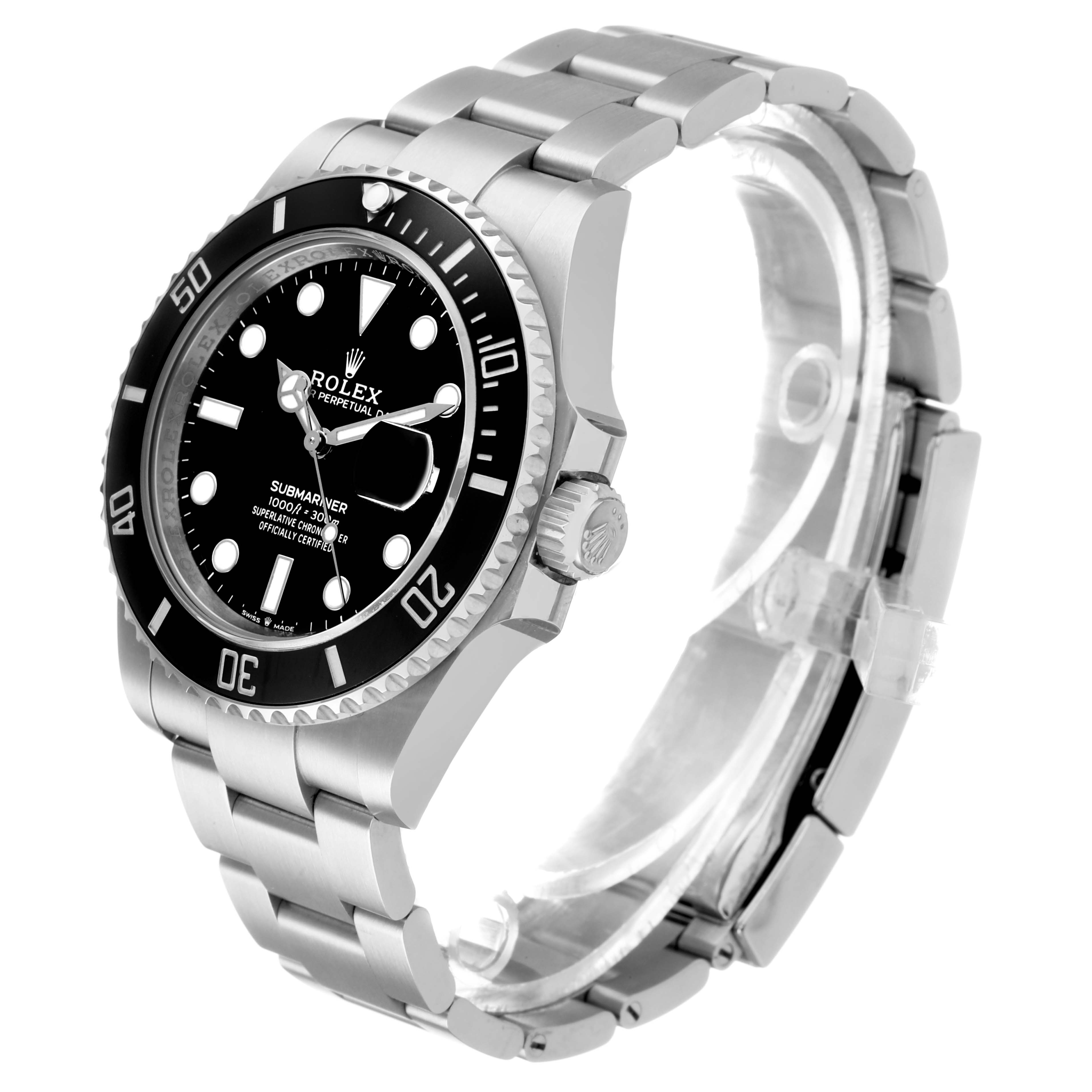The Rolex Submariner 126610 Men's Stainless Steel Black Dial watch is shown at a three-quarter angle, highlighting the face, bezel, and bracelet.