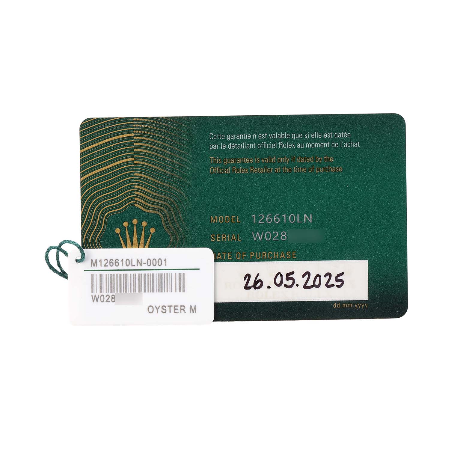 The image shows the warranty card and tag for a Rolex Submariner 126610 Men's Stainless Steel Black Dial model 126610LN, highlighting details like model, serial, and purchase date.
