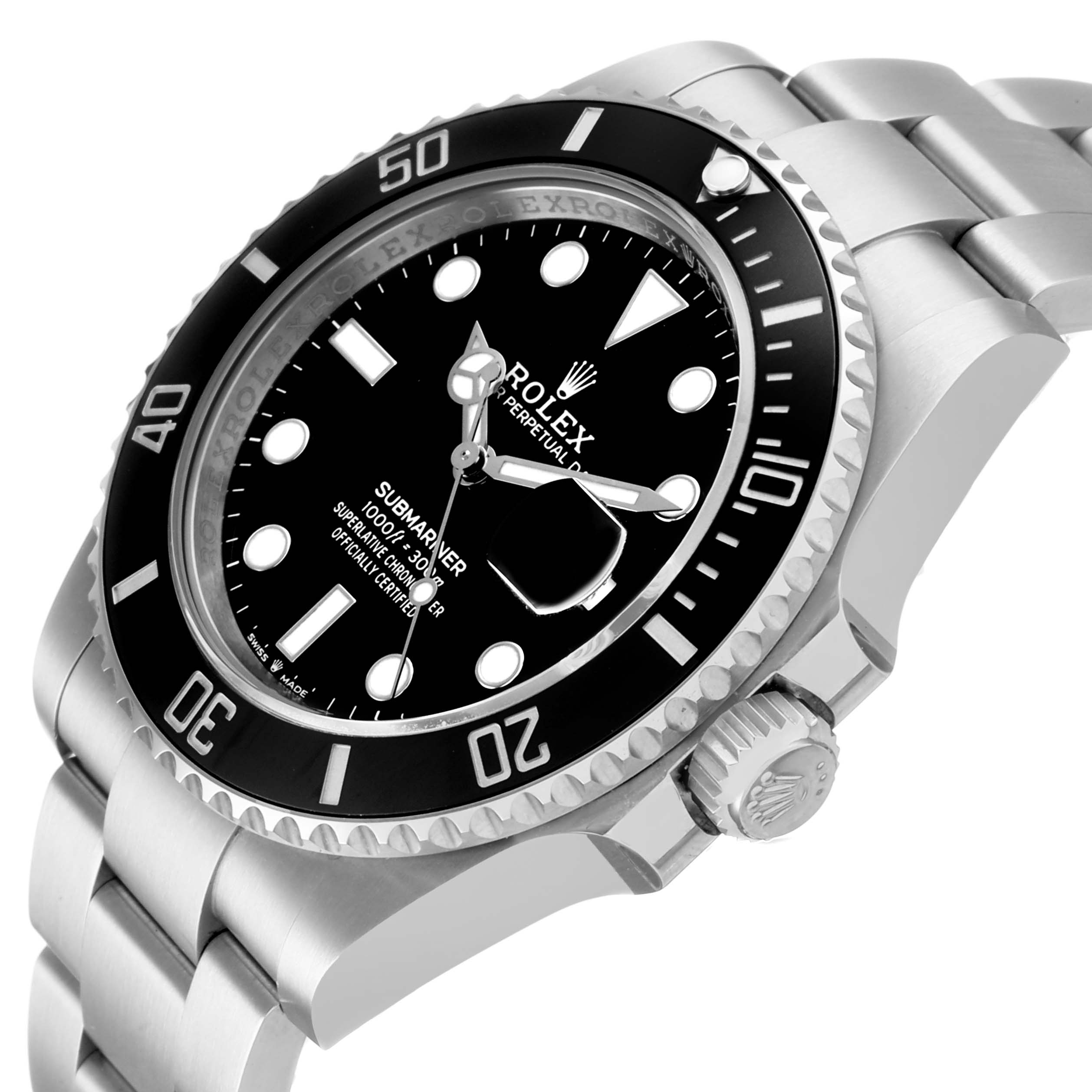 The Rolex Submariner 126610 Men's Stainless Steel Black Dial is shown at an angle highlighting the dial, bezel, crown, and part of the bracelet.