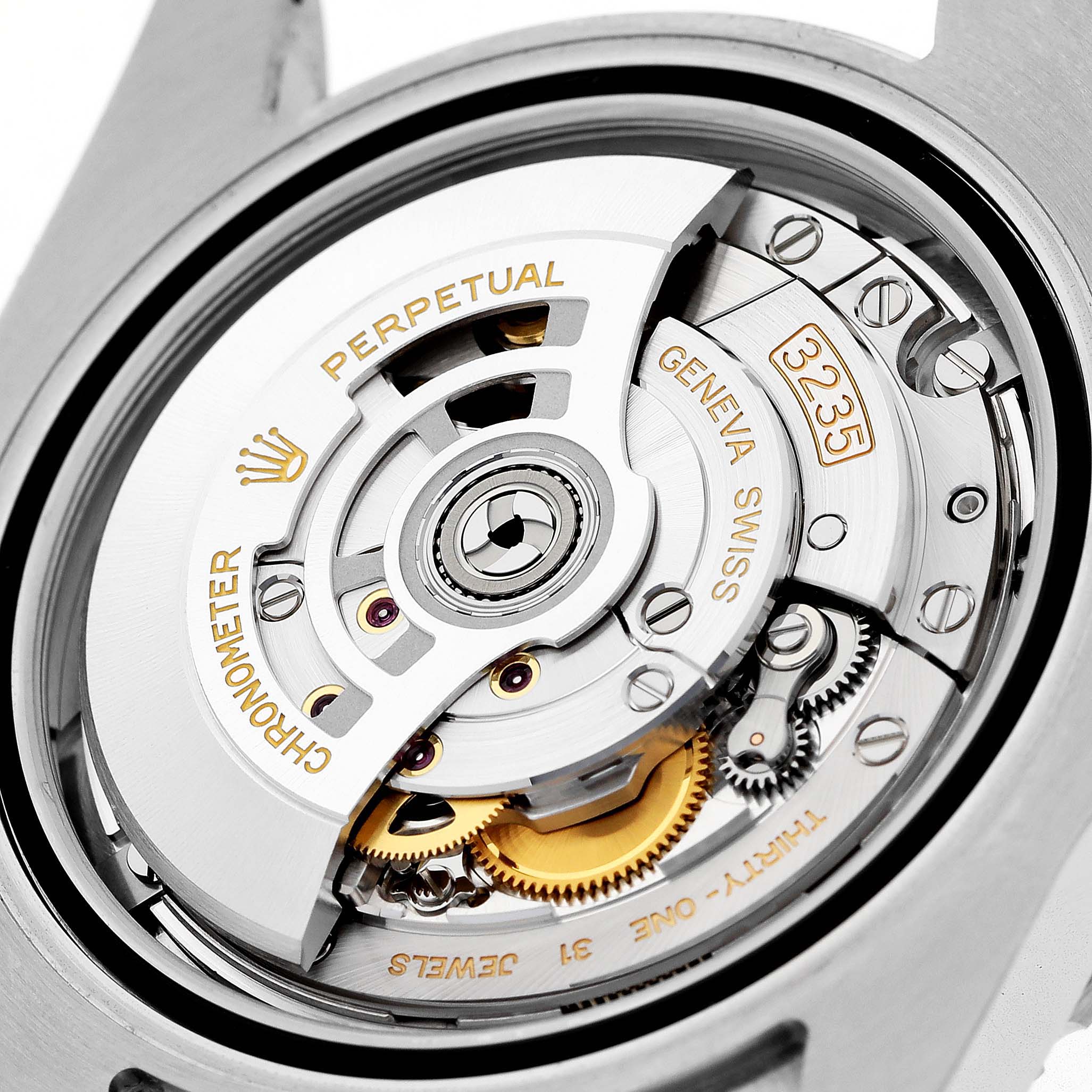 The image shows a close-up of the Rolex Submariner 126610 Men's Stainless Steel Black Dial's automatic movement and rotor from the back.